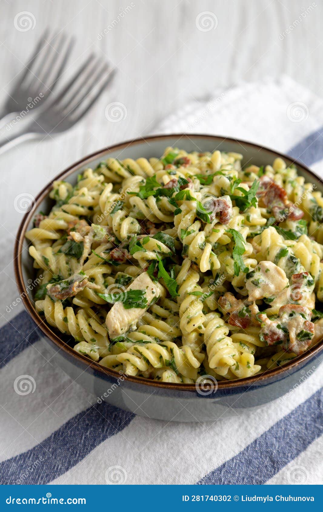 Homemade Chicken Spinach Alfredo Rotini Pasta in a Bowl, Side View