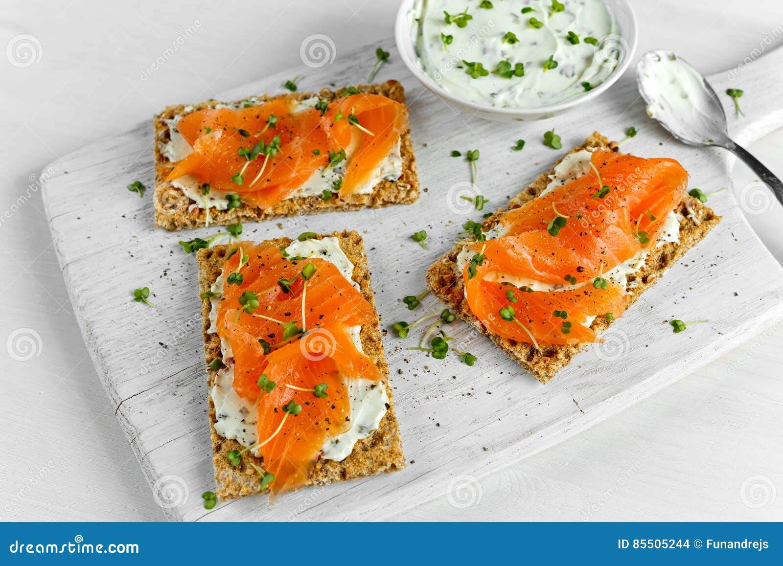 Homemade Crispbread Toast With Smoked Salmon Melted Cheese And Cress Salad On White Wooden Board Stock Photo Image Of Board Breakfast 85505244
