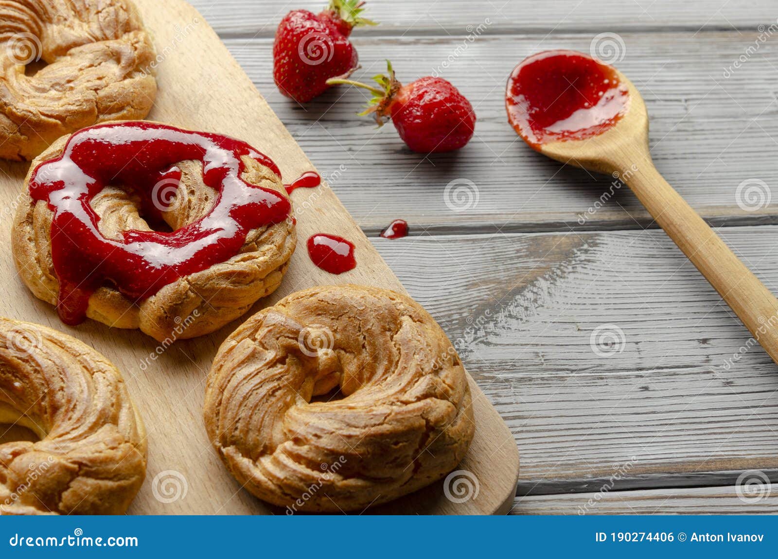 A Homemade Cruller Donuts with Strawberry Jam Stock Photo Image of