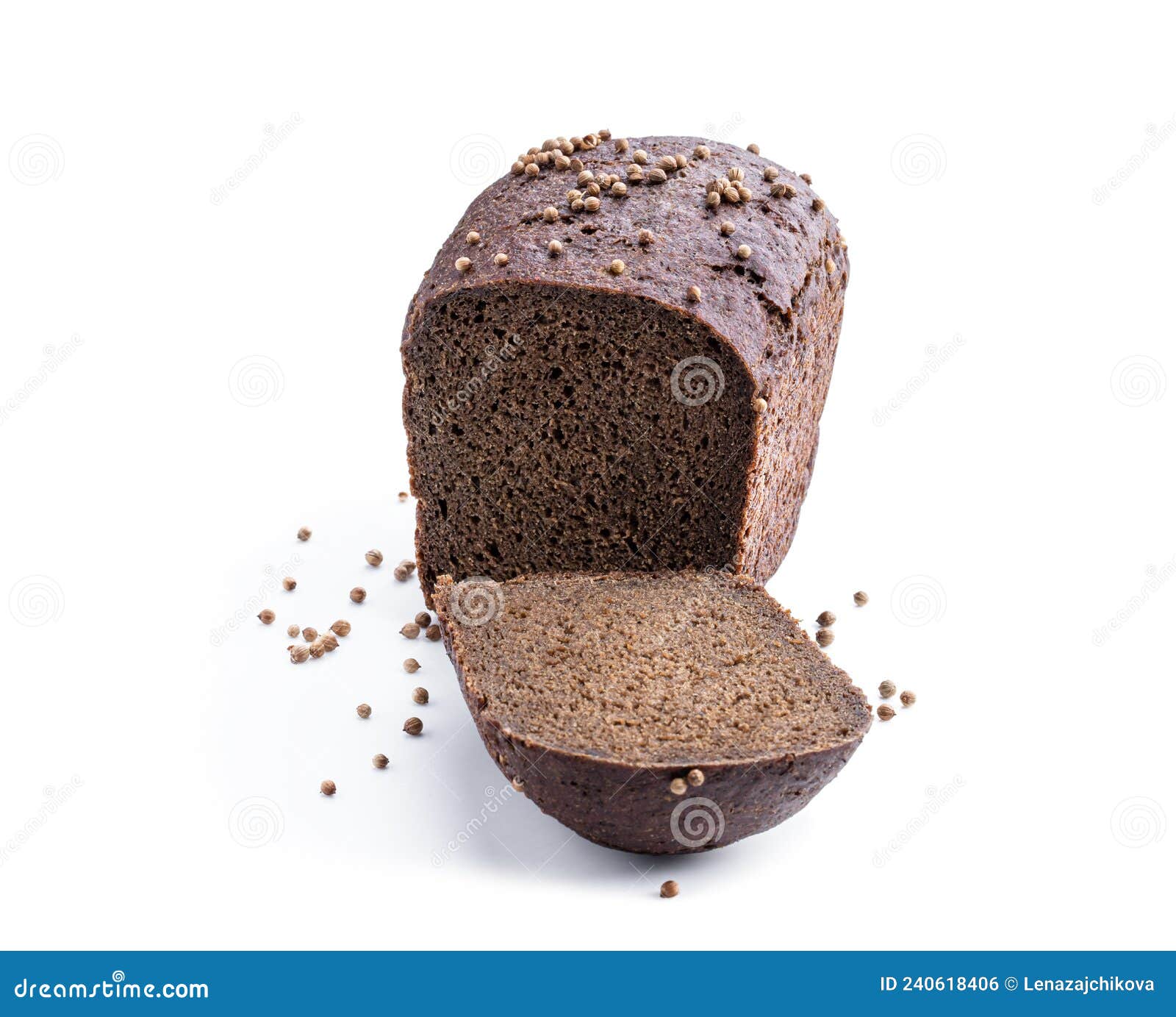 Homemade Dark Rye Bread with Coriander Seeds Isolated on White Stock