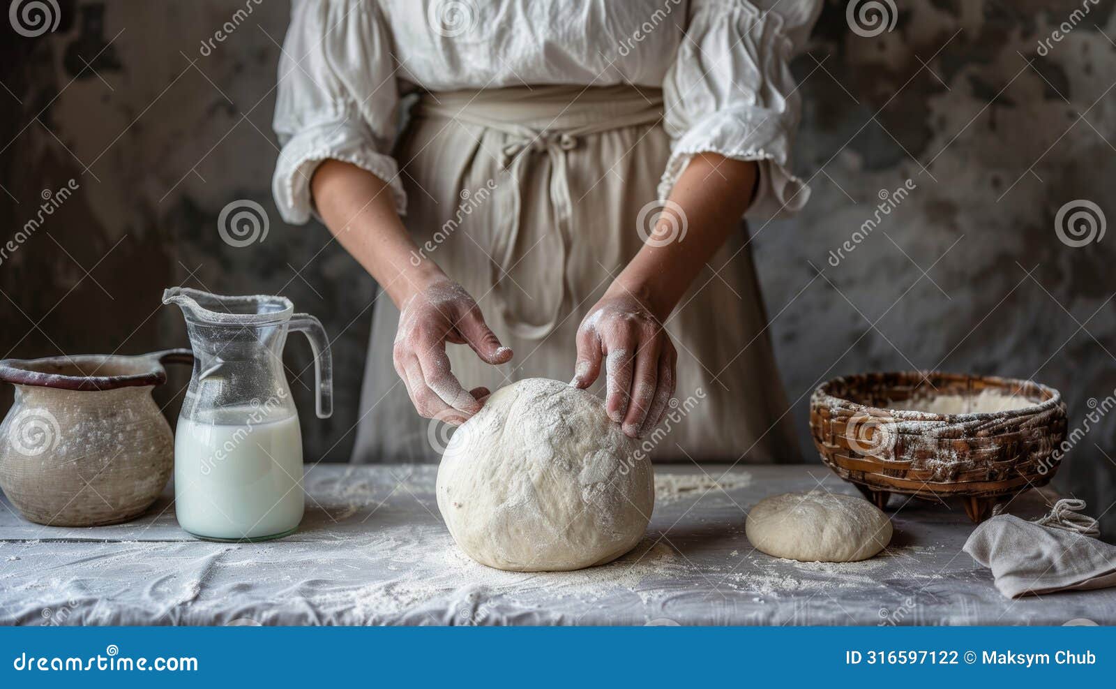 homemade dough preparation in warmly lit kitchen with flour, milk, and caring hands