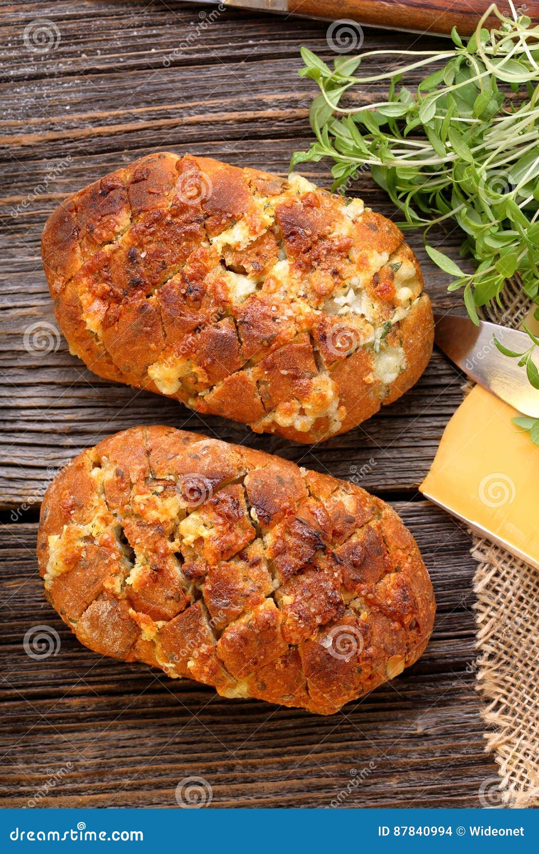 Homemade Fresh Bread Stuffed Cheese and Garlic with Herbs Stock Photo