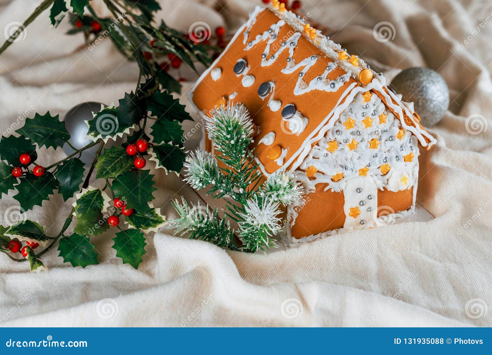 Homemade Gingerbread House With Christmas Tree Decorations