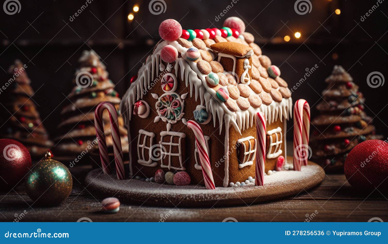 Homemade Gingerbread House Decoration with Candy Cane Icing Generated