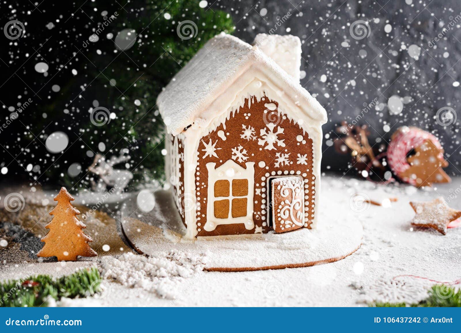 Homemade Gingerbread House Falling Snow And Festive