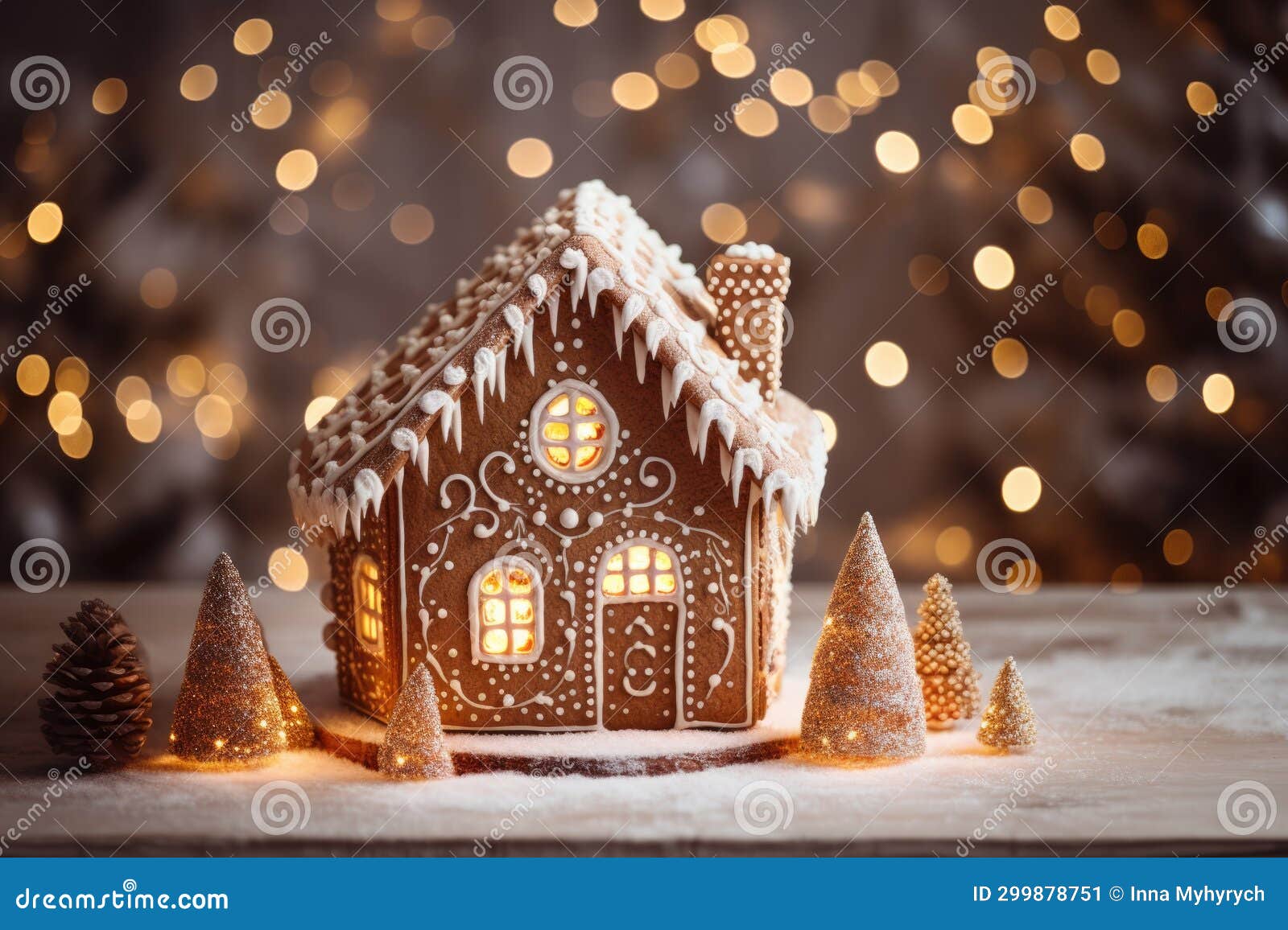 Homemade Gingerbread House, Warm Lights on the Background Stock Illustration Illustration of