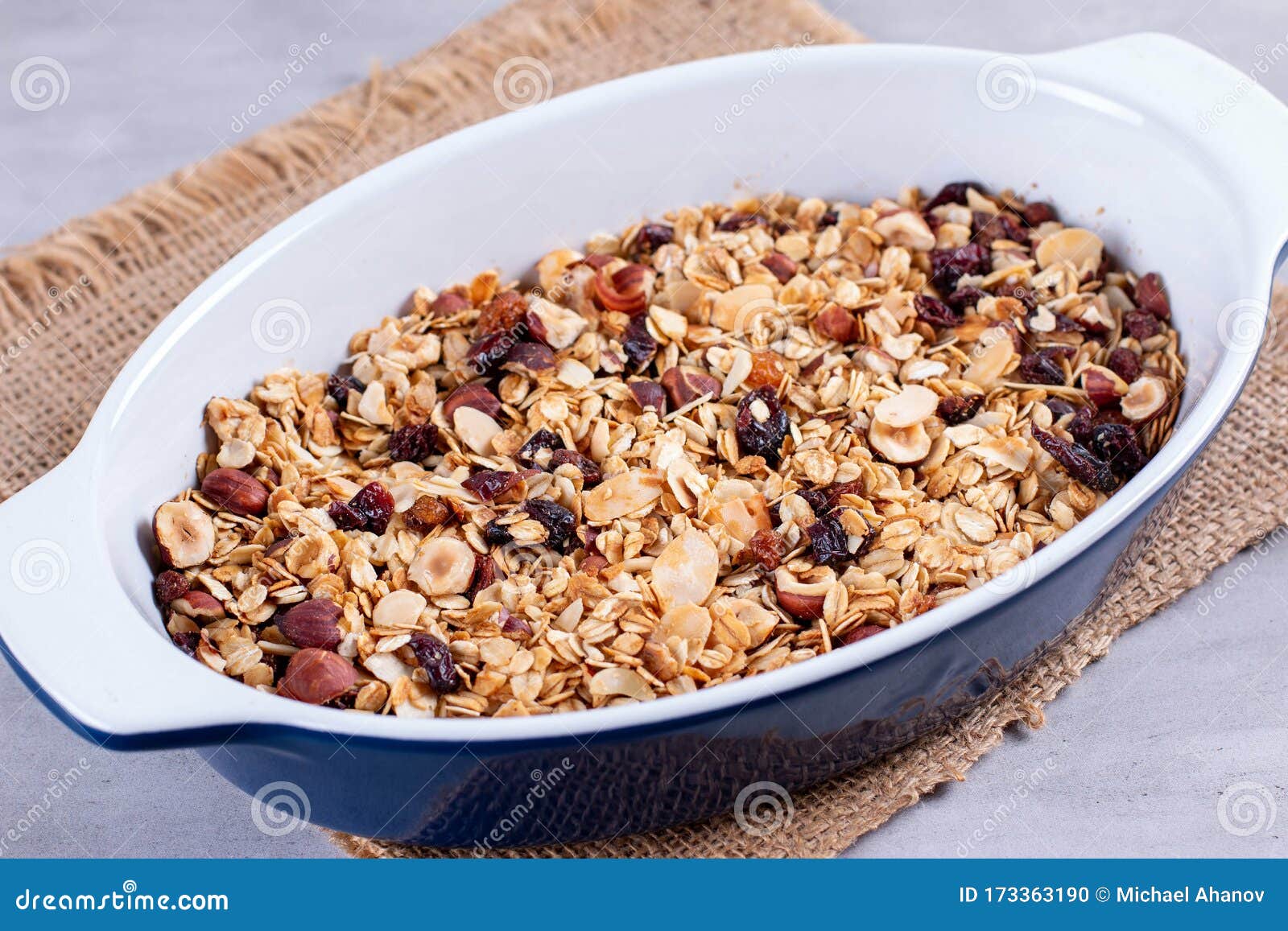 Homemade Granola with Almond, Raisins and Hazelnuts Stock Photo Image