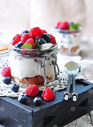 Homemade Granola With Fresh Yougurt Blueberries Raspberries Raisins 
