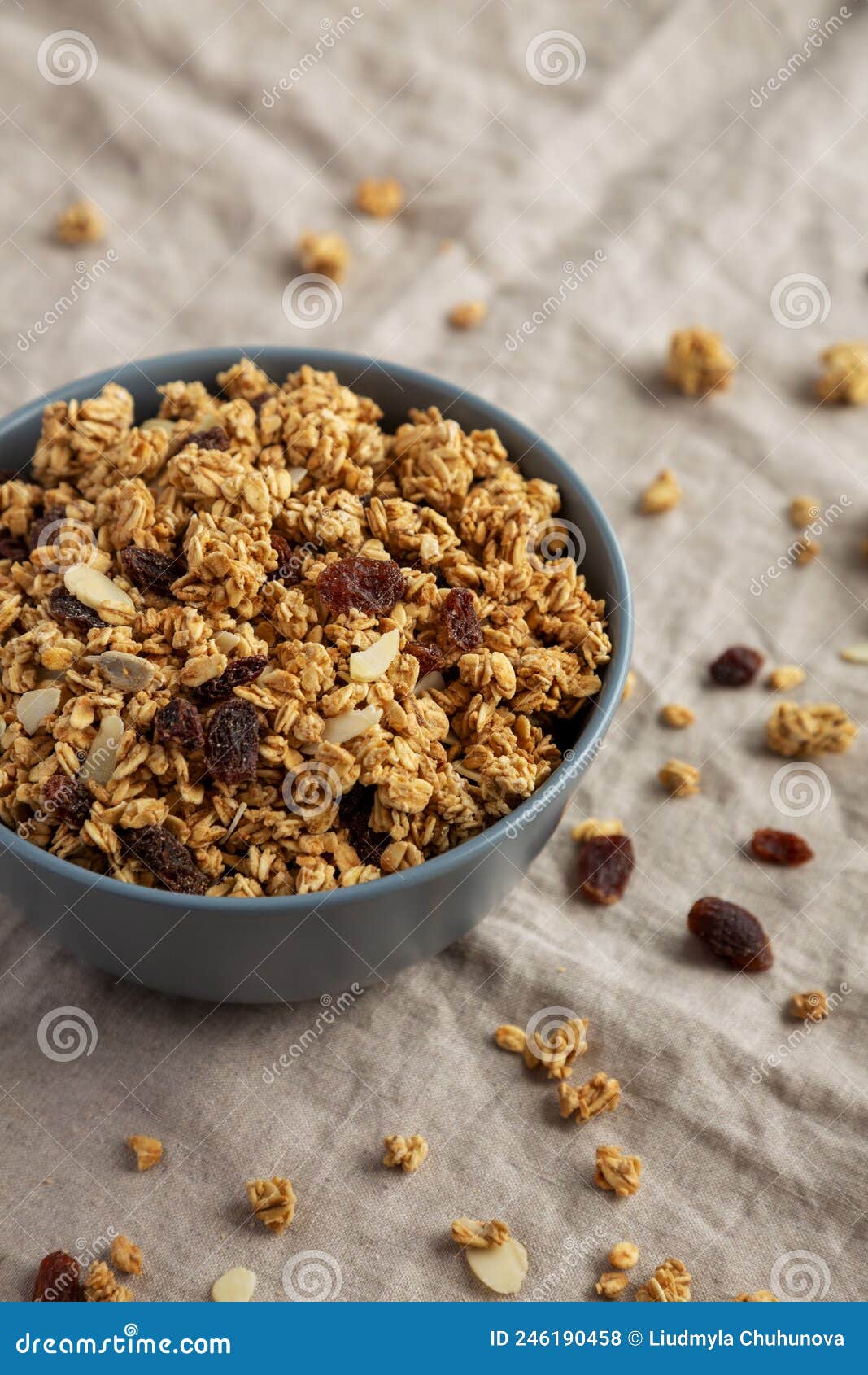 Homemade Granola with Raisins and Almonds in a Bowl, Side View Stock