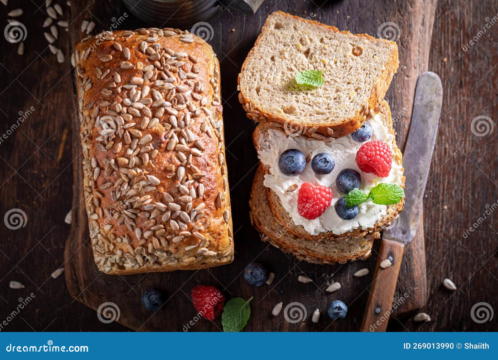 Homemade and Healthy Bread for Breakfast with Fruit and Cheese Stock