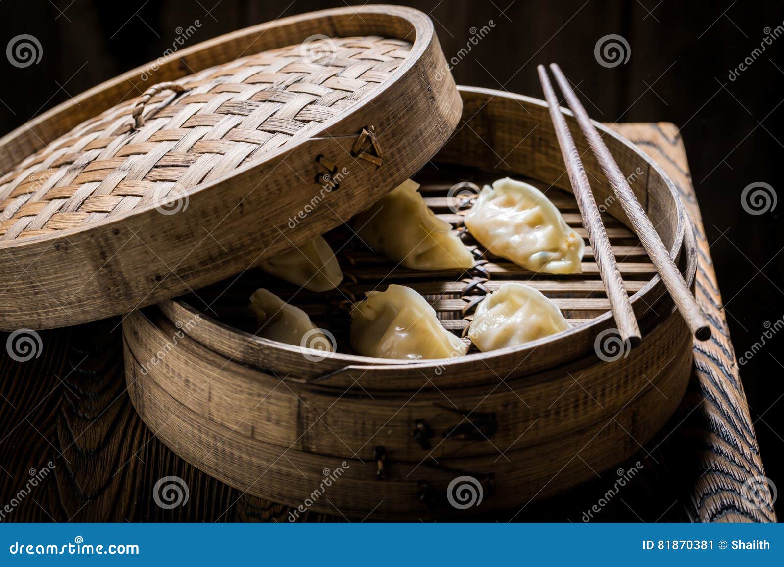 Homemade and Hot Chinese Dumplings in Wooden Steamer Stock Image ...