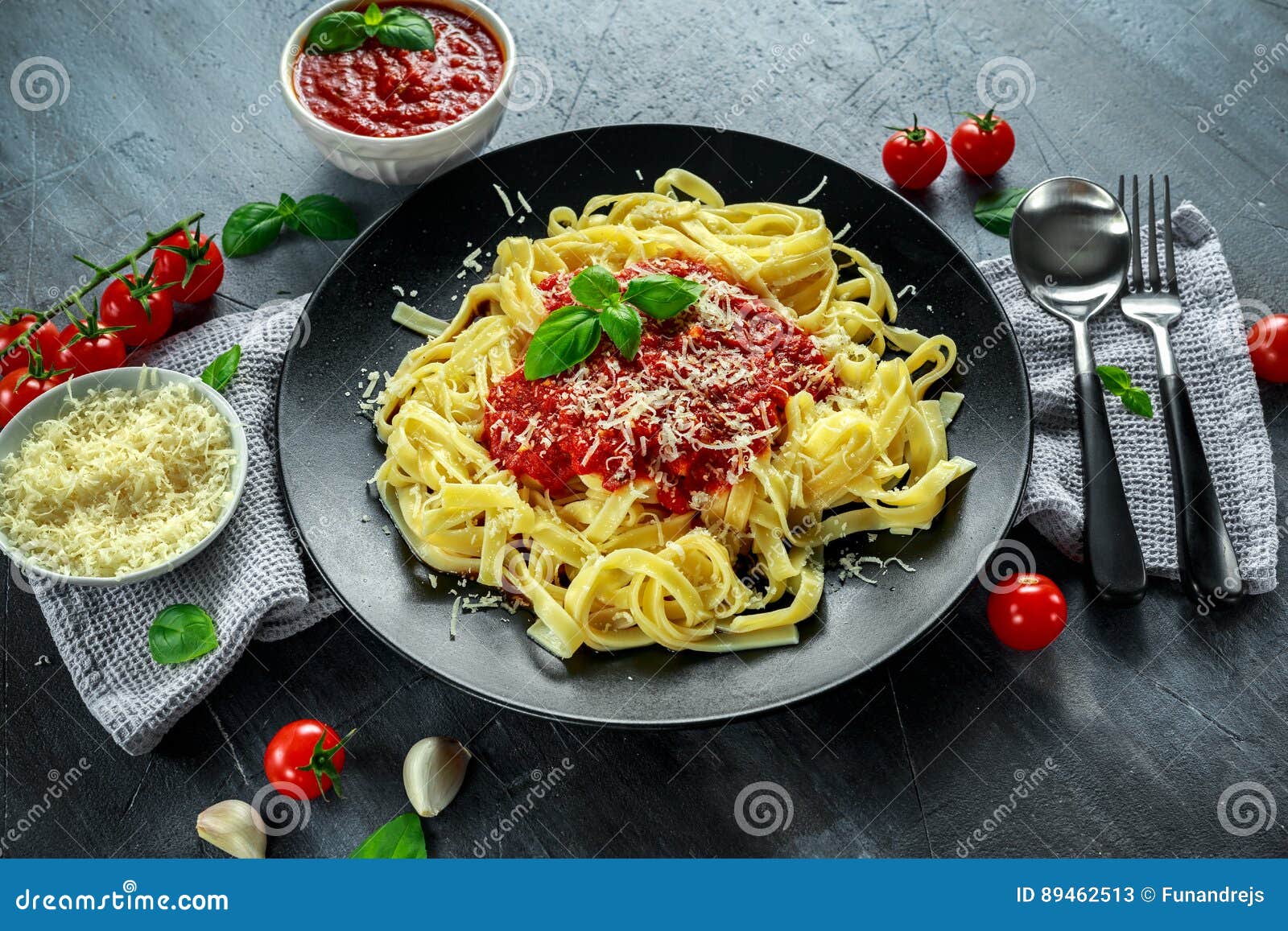 Homemade Hot Pasta with Marinara Sauce, Basil, Garlic, Tomatoes