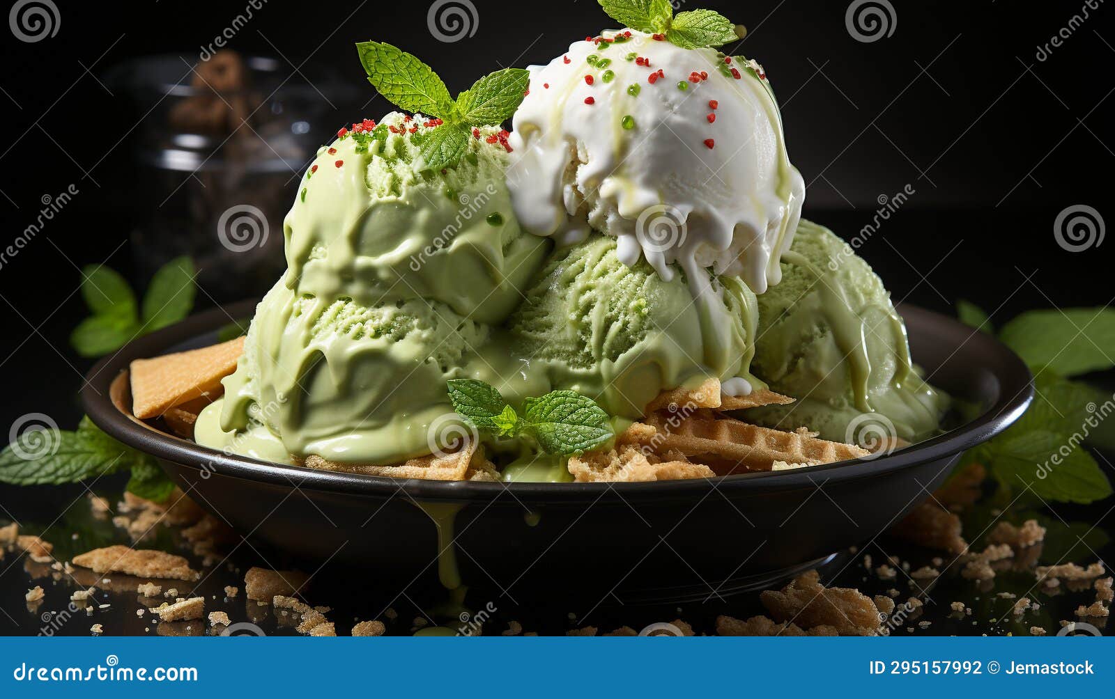 Homemade Ice Cream Sundae with Fresh Mint Leaf and Raspberry Generated
