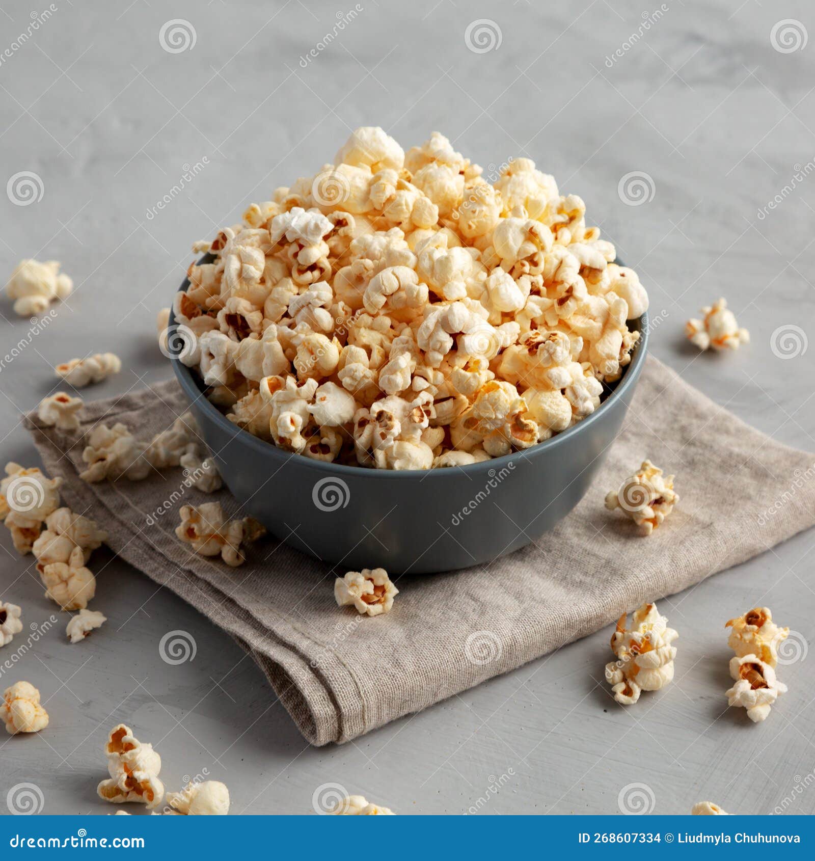Homemade Kettle Corn Popcorn with Salt in a Bowl, Side View Stock Photo