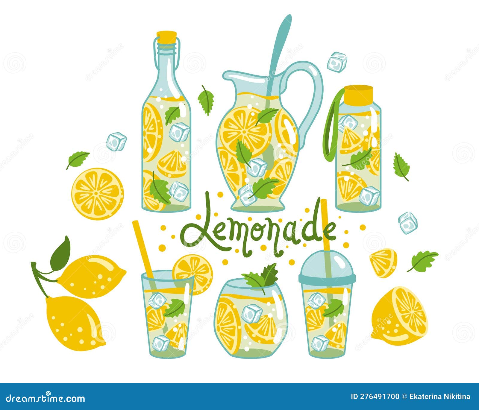 Homemade Lemonade. Set of Illustration Fresh Drink with Lemon Stock