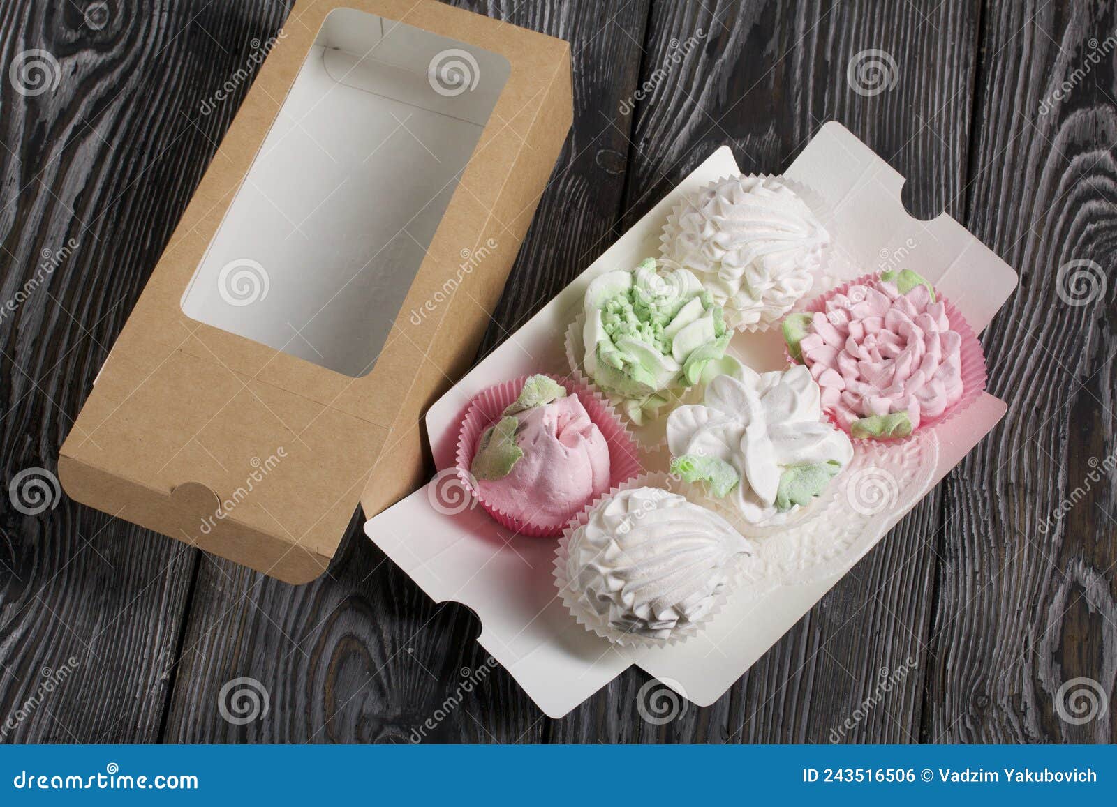 Homemade Marshmallow. Marshmallow Flowers. in Craft Boxes Stock Photo