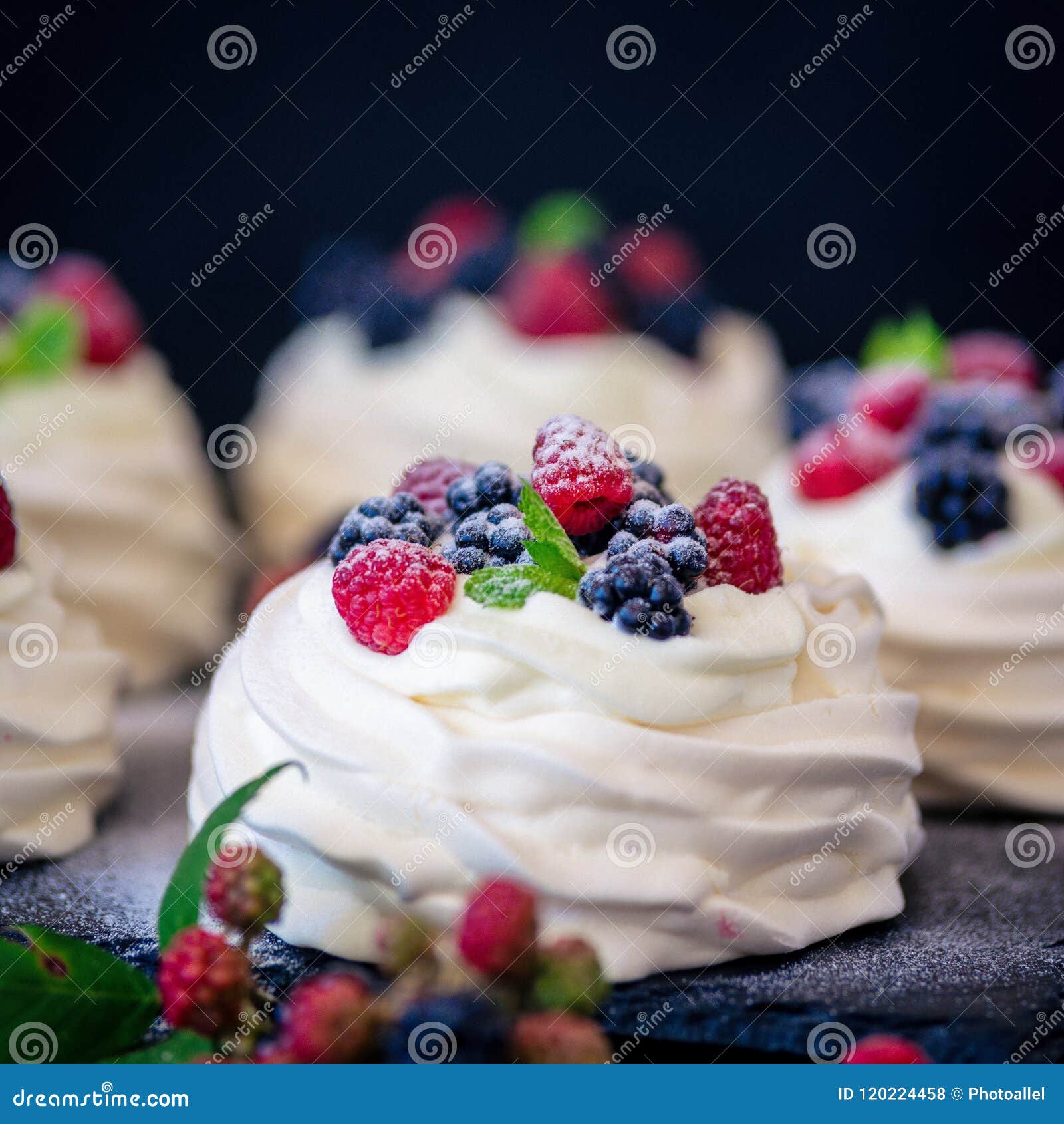 Homemade Meringue Basis For Cake Pavlova With Fresh Blueberries And Blackberry And Powdered Sugar On Black Background Copy Space Stock Photo Image Of Food Homemade 120224458