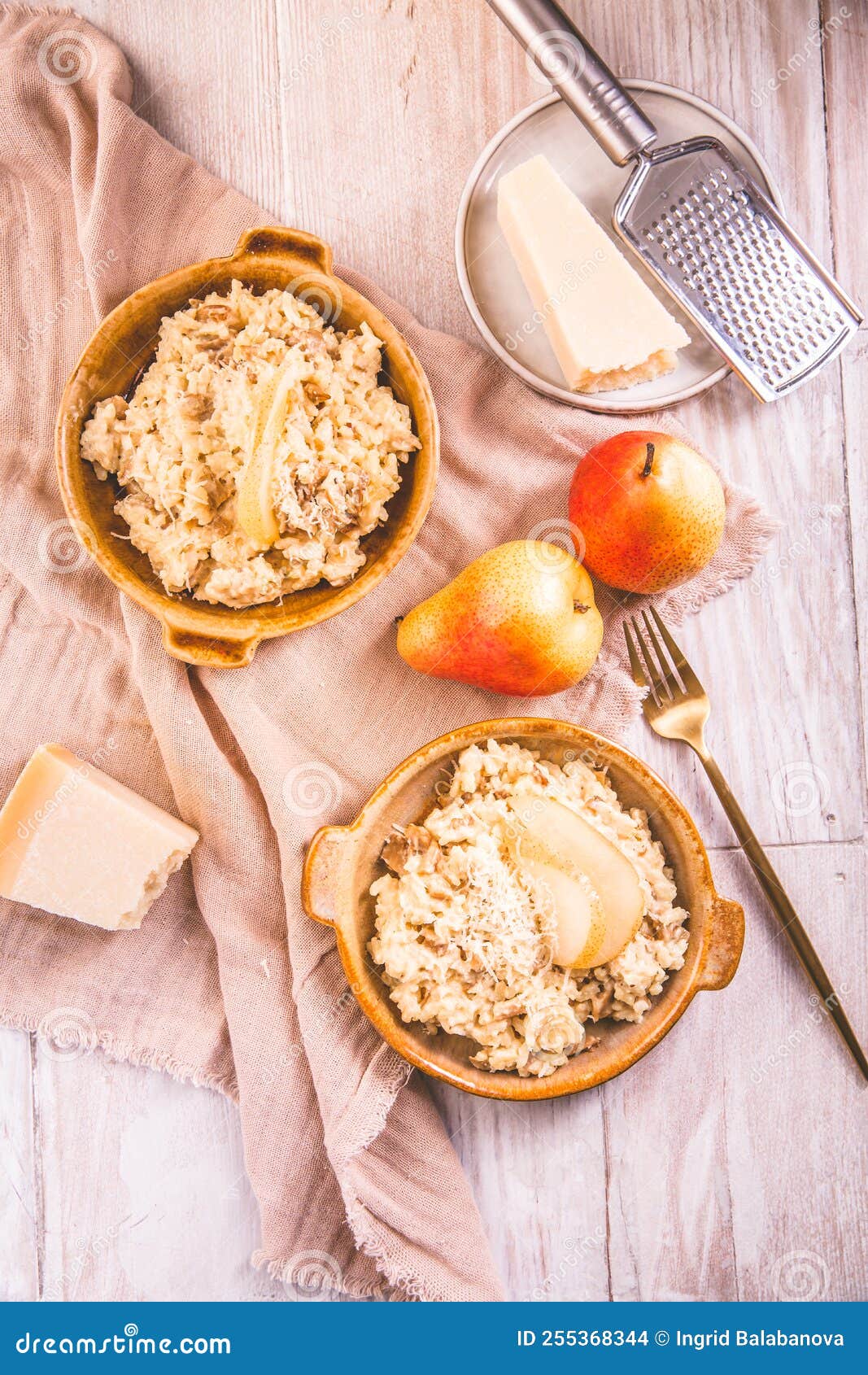Homemade Mushroom Risotto with Pears and Parmesan Cheese Stock Photo