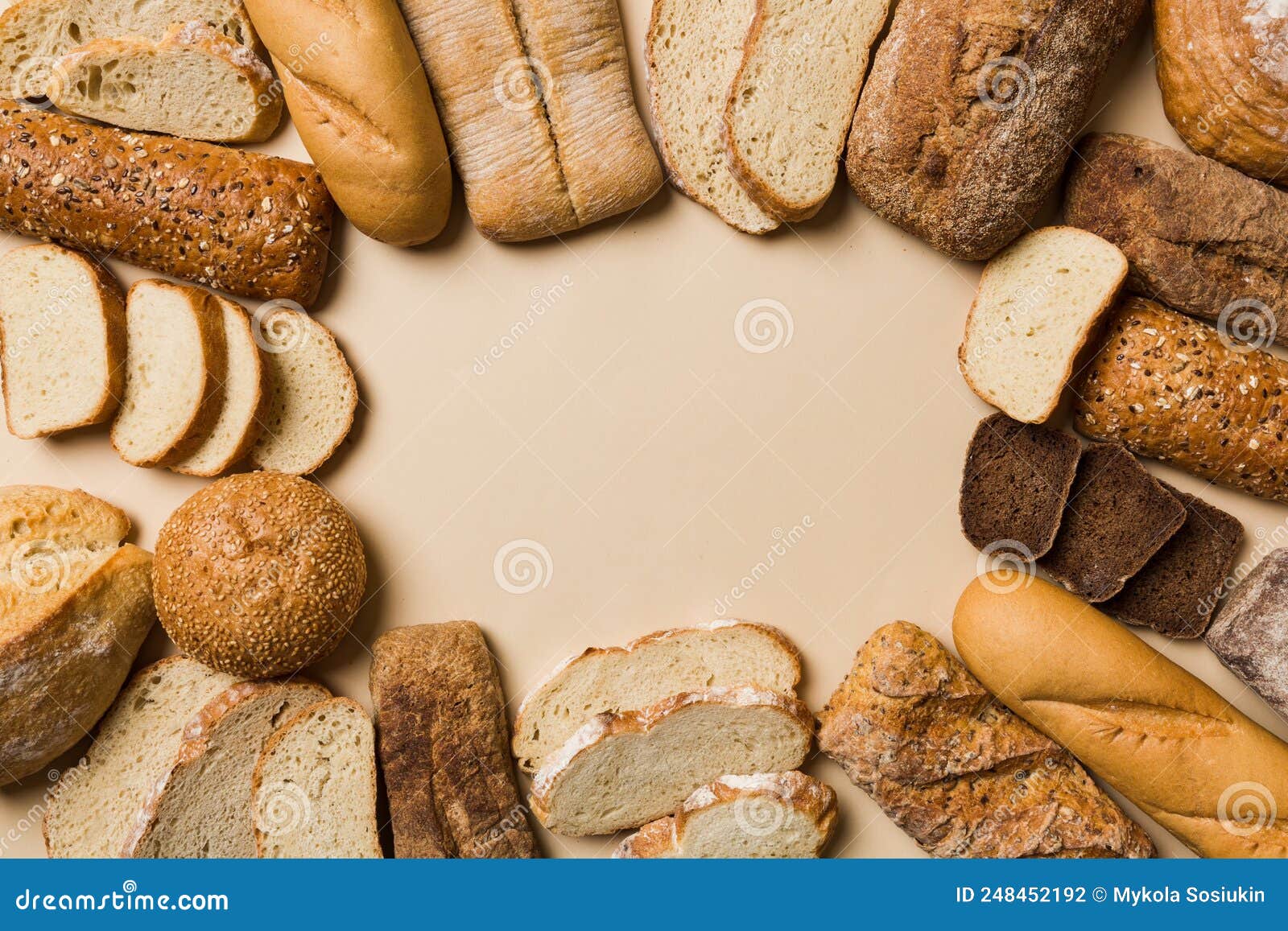 Homemade Natural Breads. Different Kinds of Fresh Bread As Background, Top View with Copy Space
