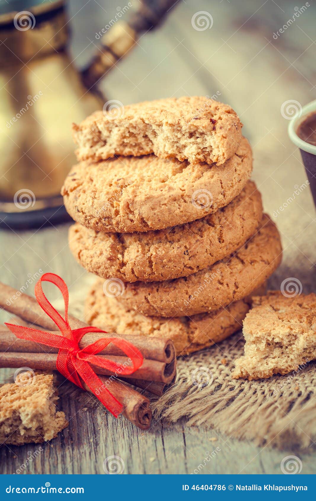 Homemade Oat Cookies, Cinnamon Sticks and Coffee Stock Photo Image of