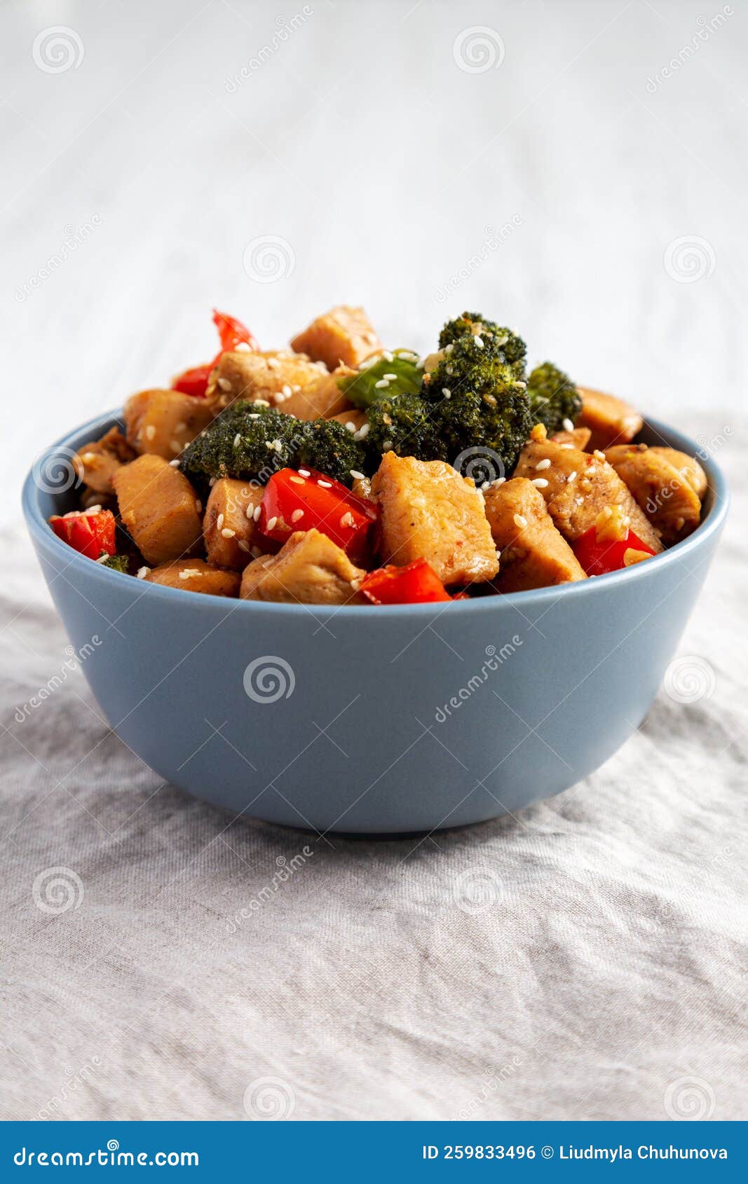 Homemade One-Pan Chicken and Broccoli Stir-Fry in a Bowl, Side View