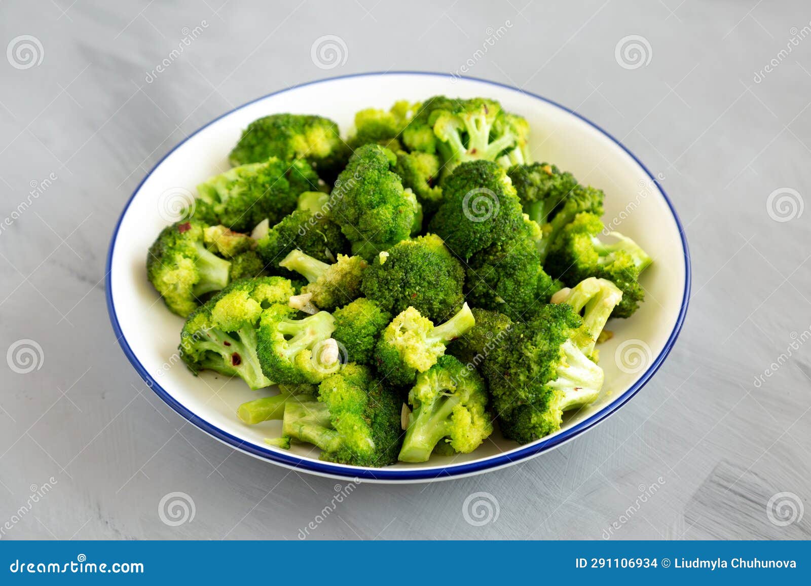 Homemade Panfried Broccoli on a Plate on a Gray Background, Side View
