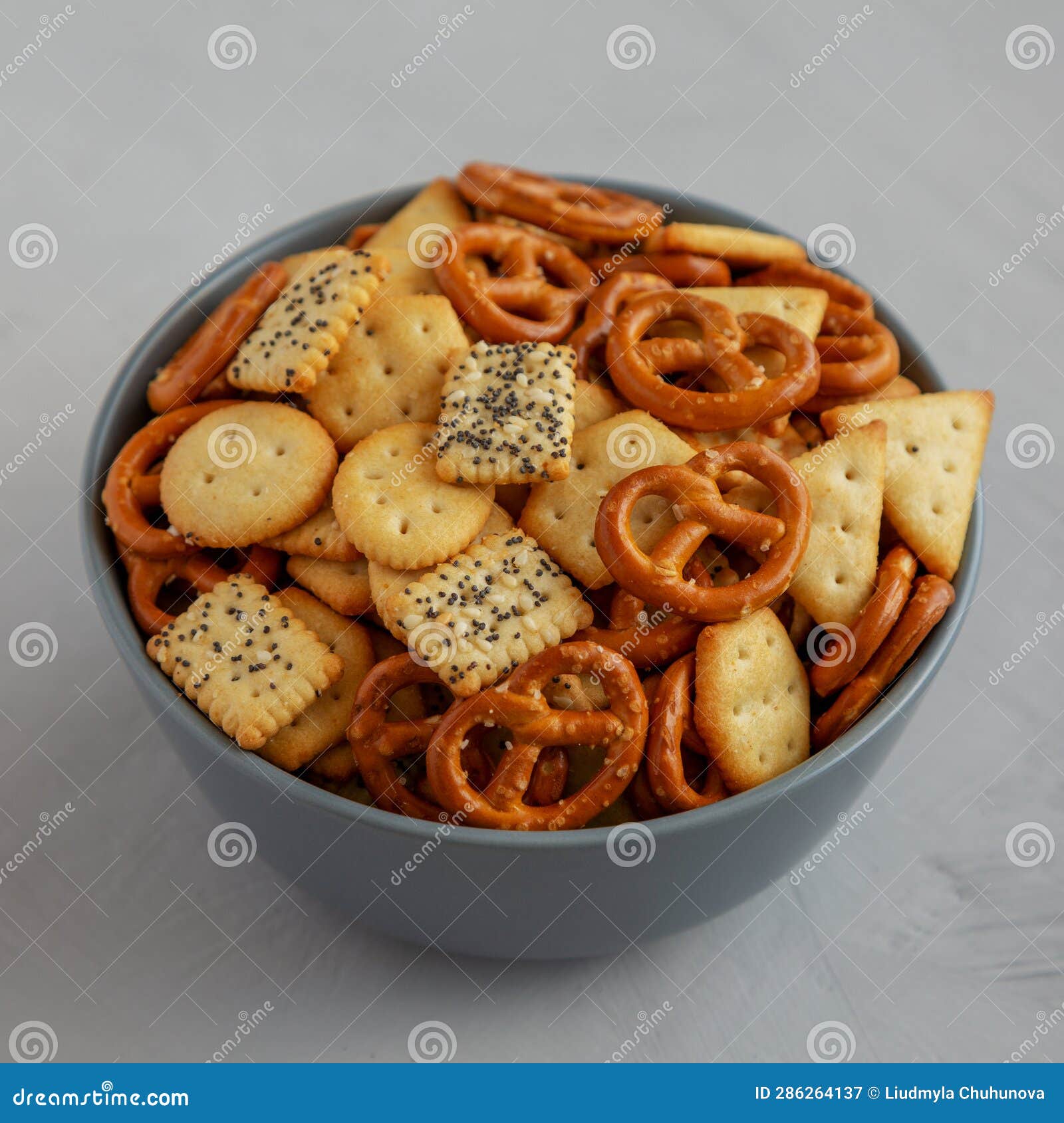 Homemade Party Snack Mix with Crackers and Pretzels in a Bowl, Side
