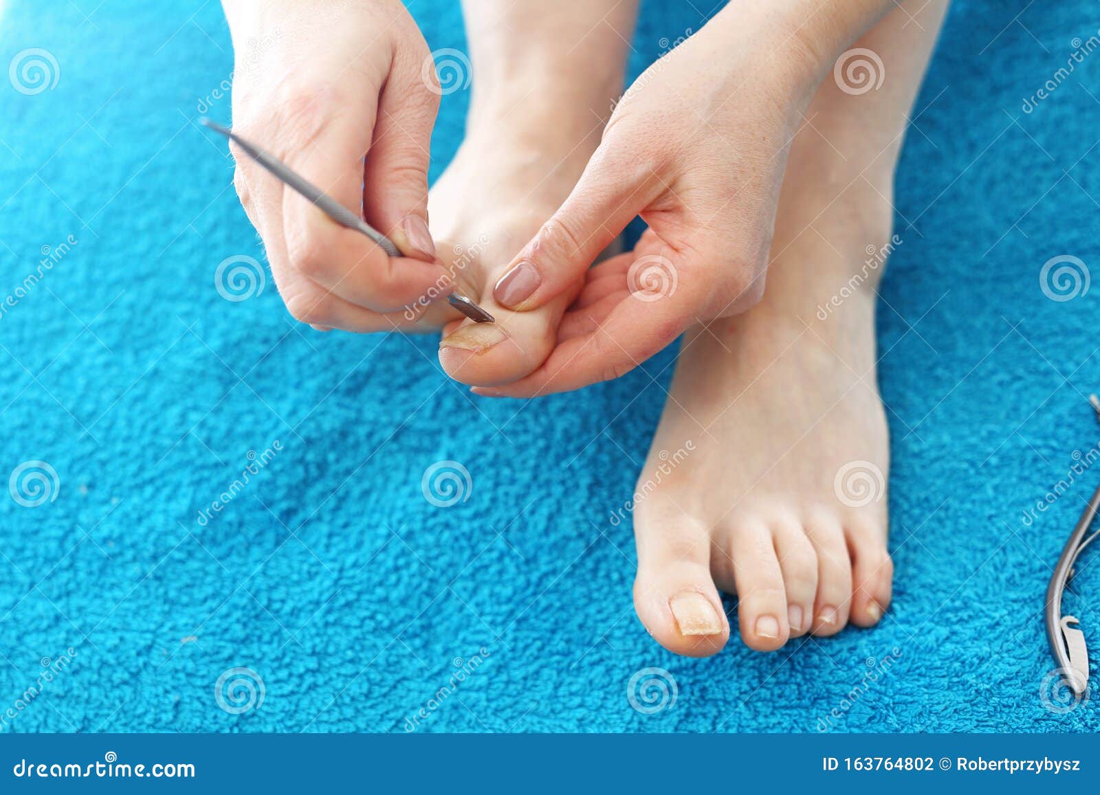 Homemade Pedicure Cutting Cuticles, Woman Cares for the Feet. Stock ...