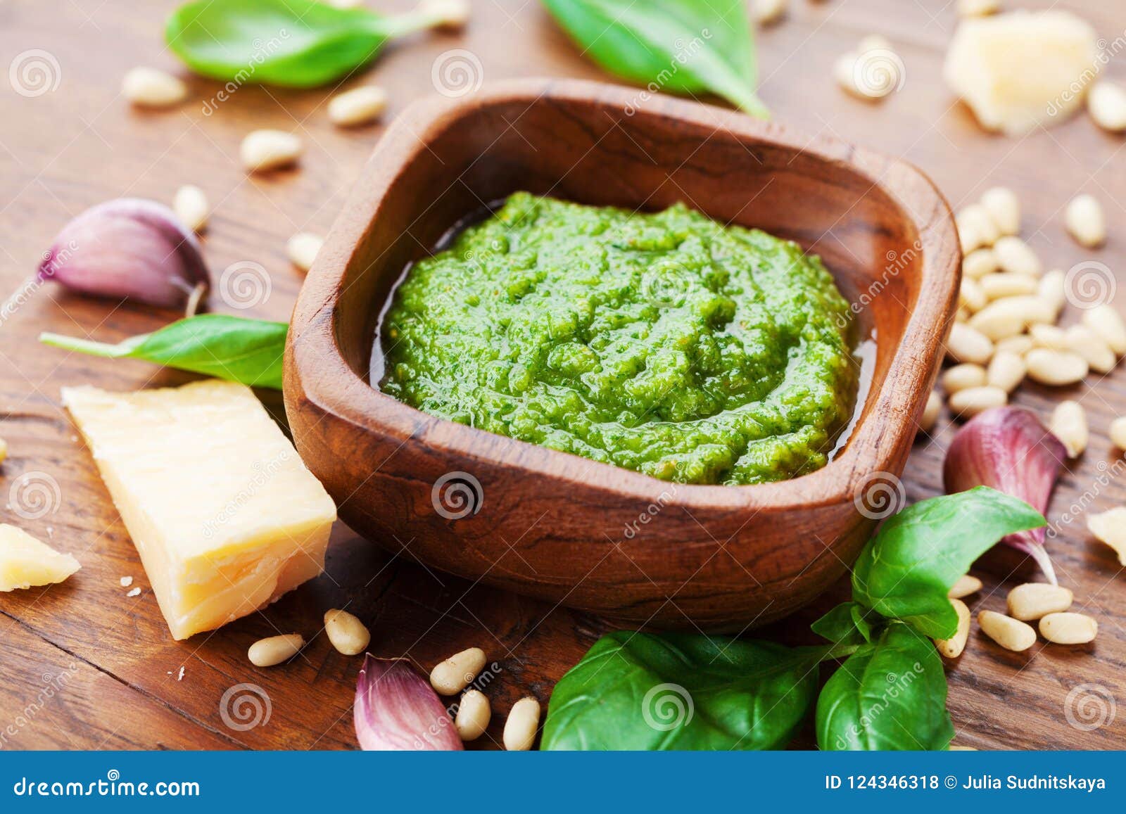 Homemade Pesto Sauce from Basil, Pine Nuts, Parmesan Cheese, Garlic and