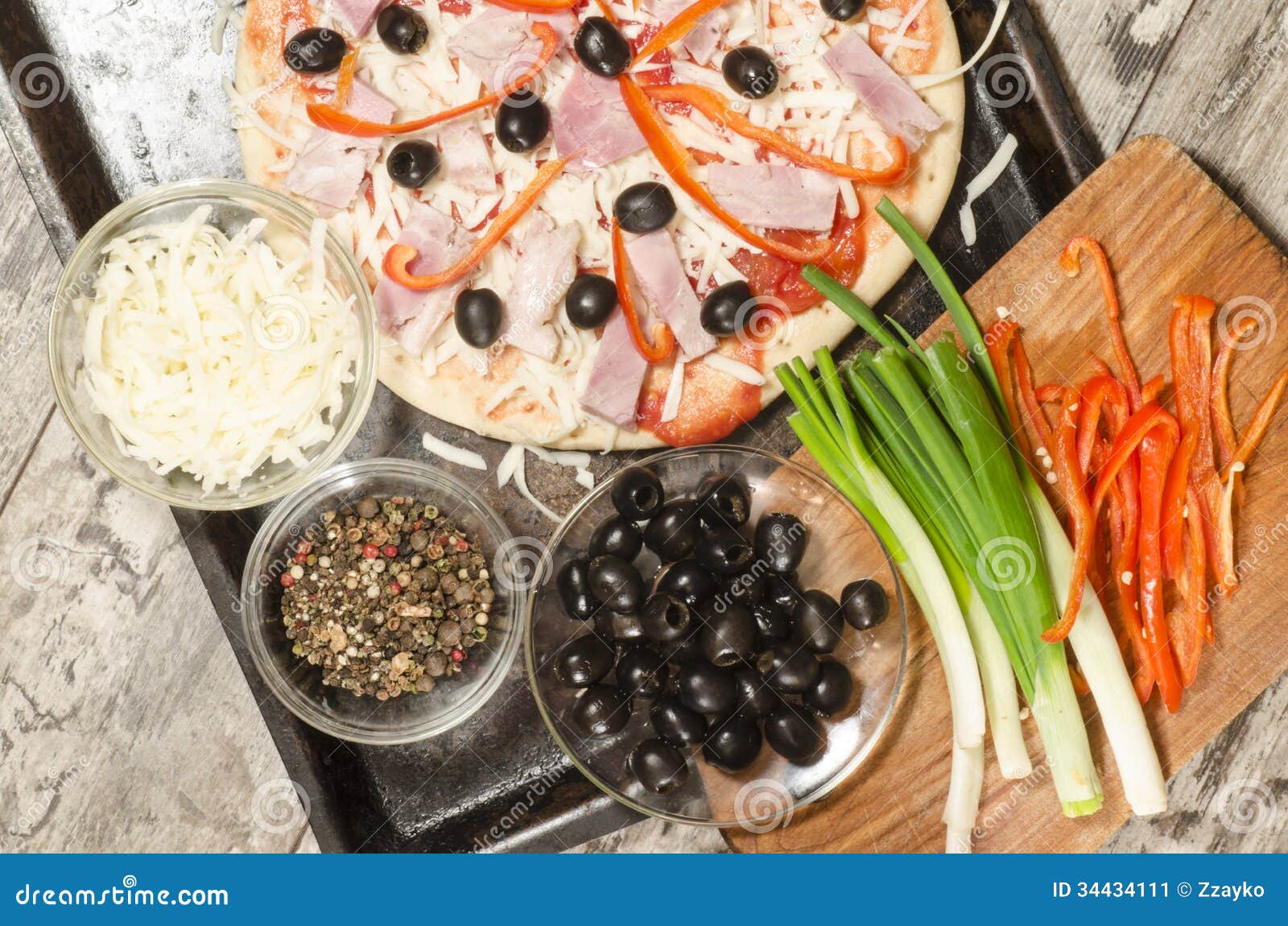 Homemade Pizza on Baking Tray and Ingredients for Cooking Stock Image Image of dough, cheese