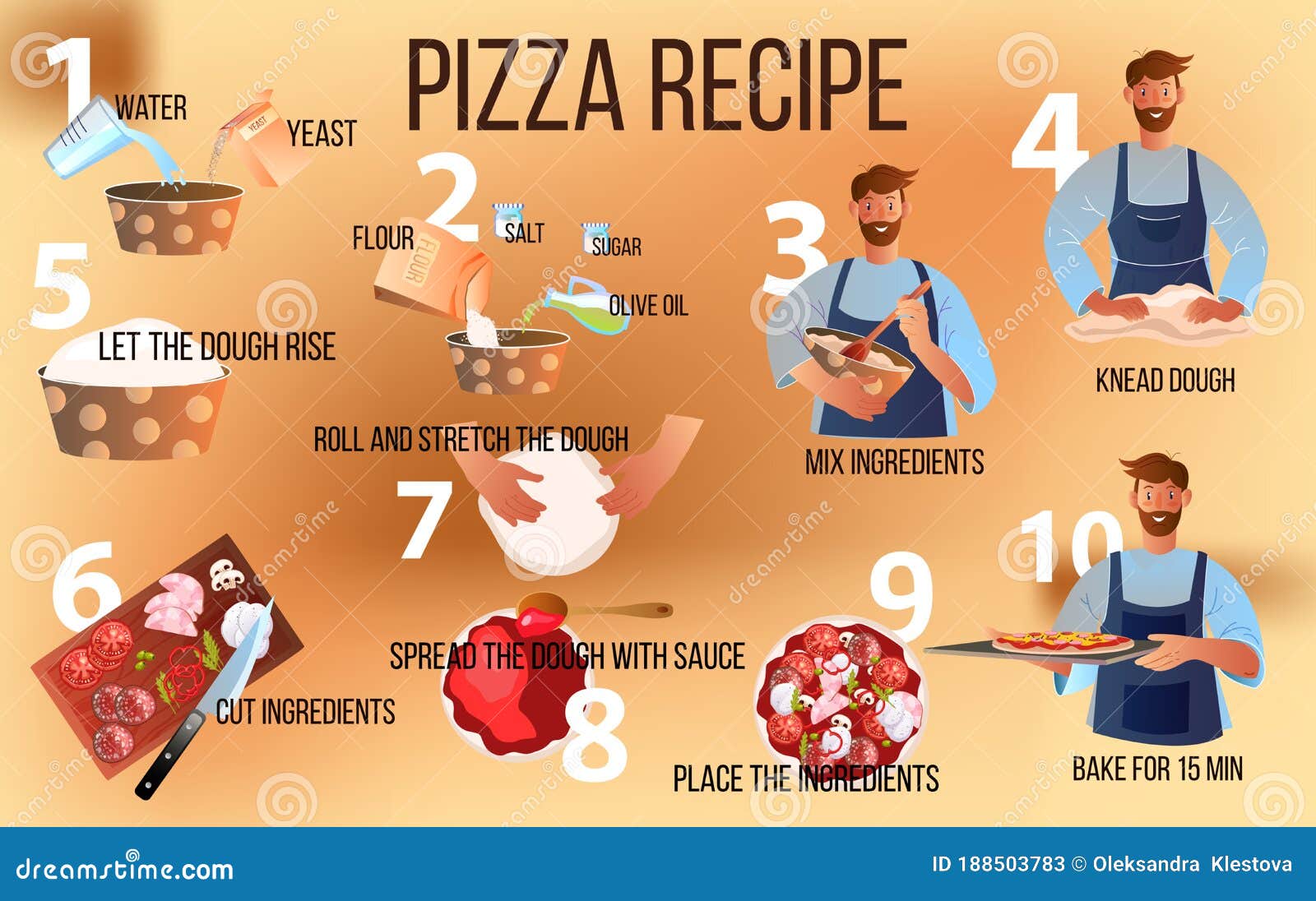 Homemade Pizza Recipe Vector Illustration with Bearded Man