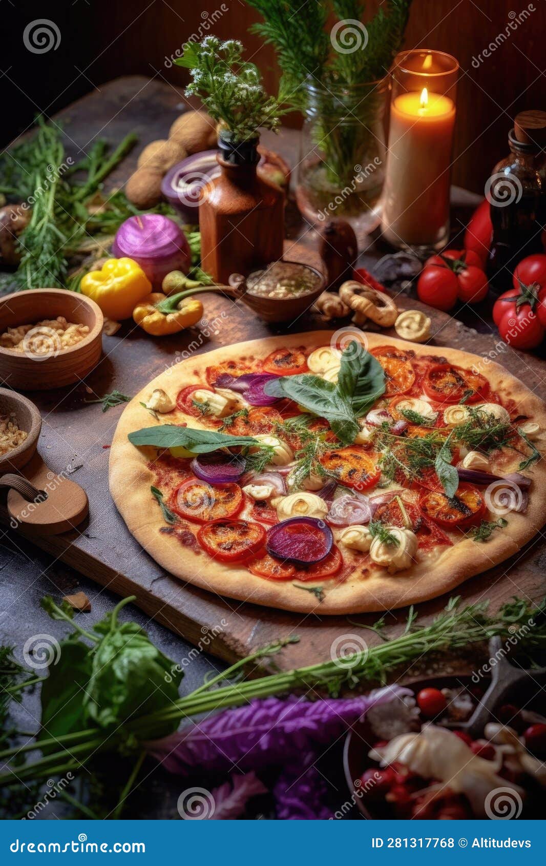 Homemade Pizza with Unique, Gourmet Toppings and Herbs Stock