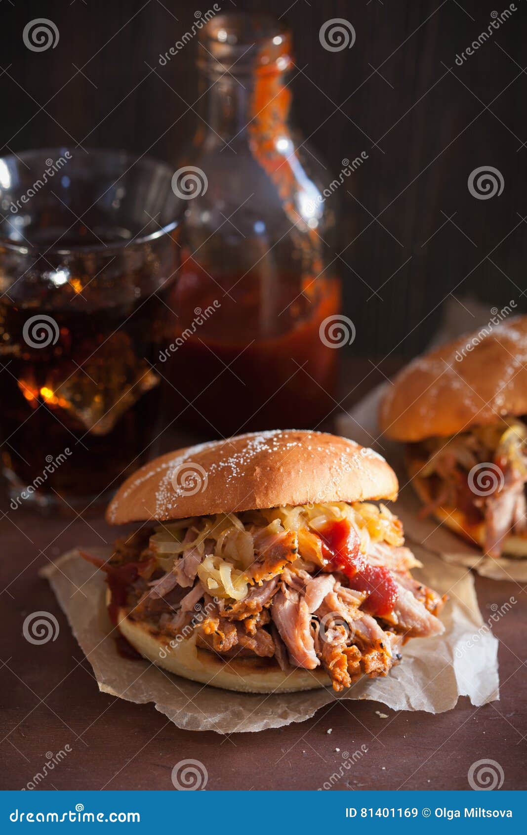 Homemade Pulled Pork Burger with Caramelized Onion and Bbq Sauce Stock