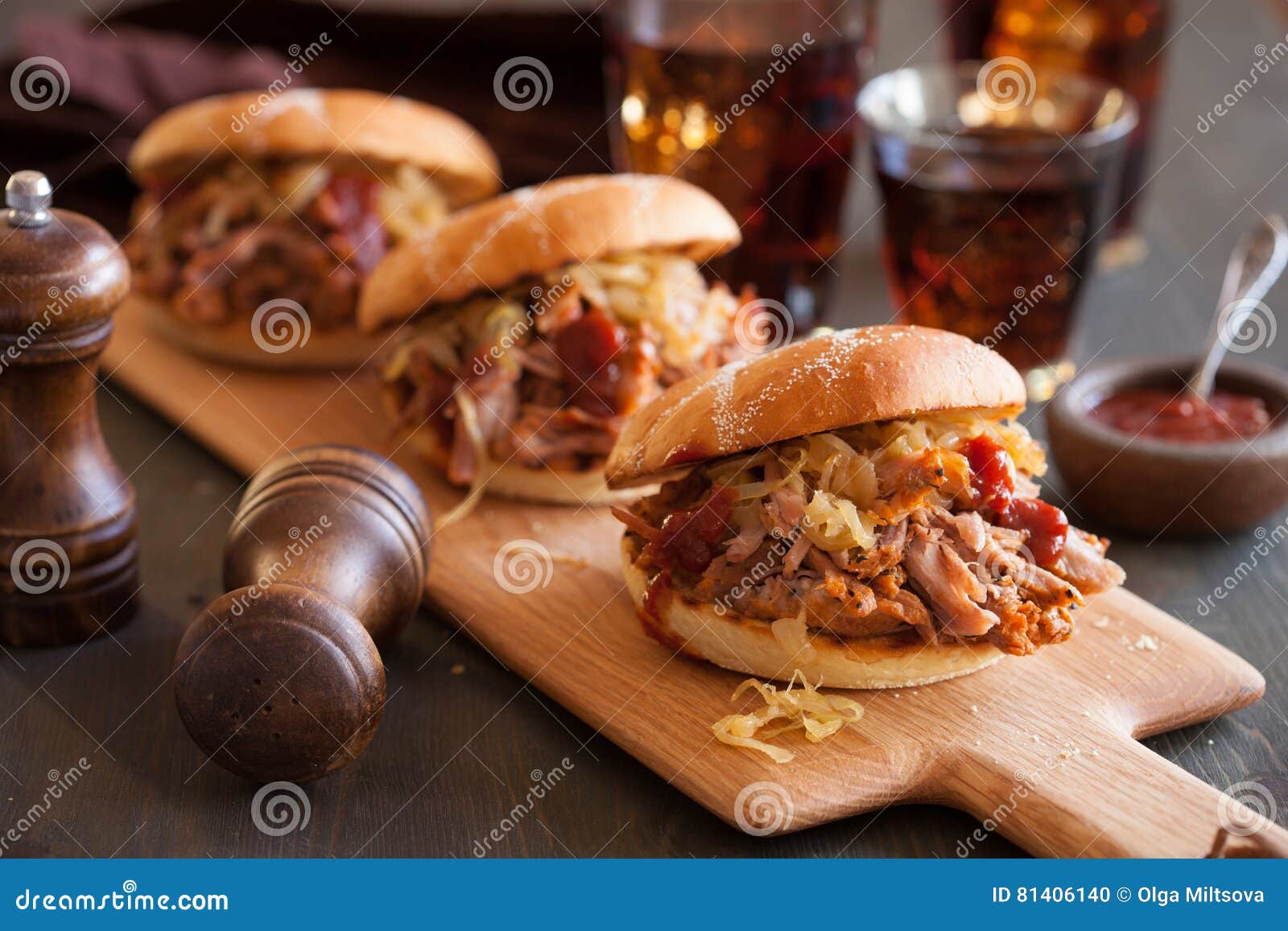 Homemade Pulled Pork Burger with Caramelized Onion and Bbq Sauce Stock