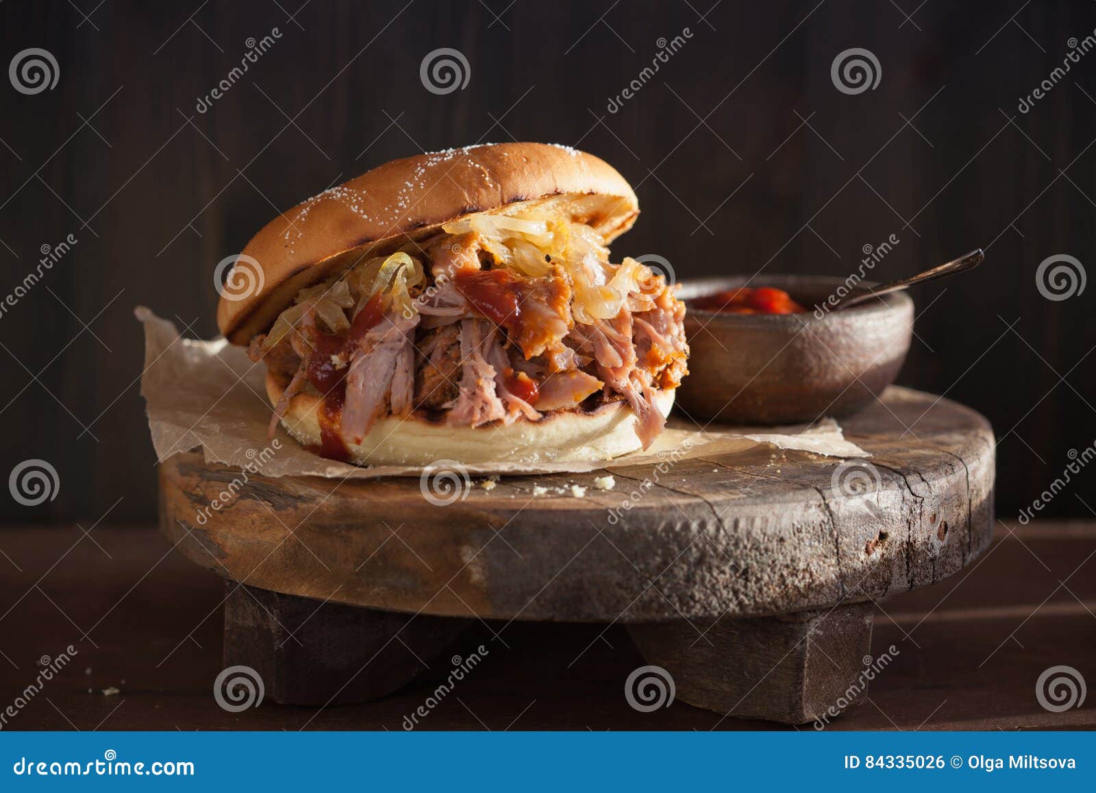 Homemade Pulled Pork Burger with Caramelized Onion and Bbq Sauce Stock