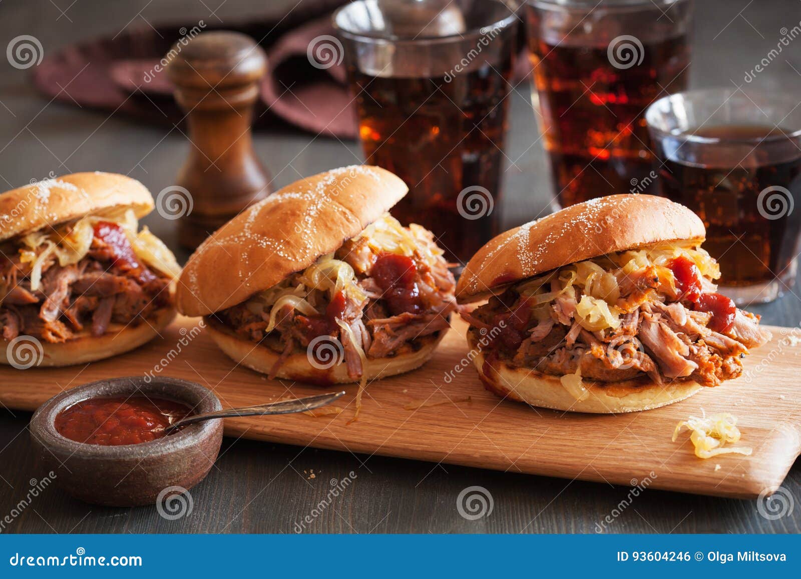 Homemade Pulled Pork Burger with Caramelized Onion and Bbq Sauce Stock