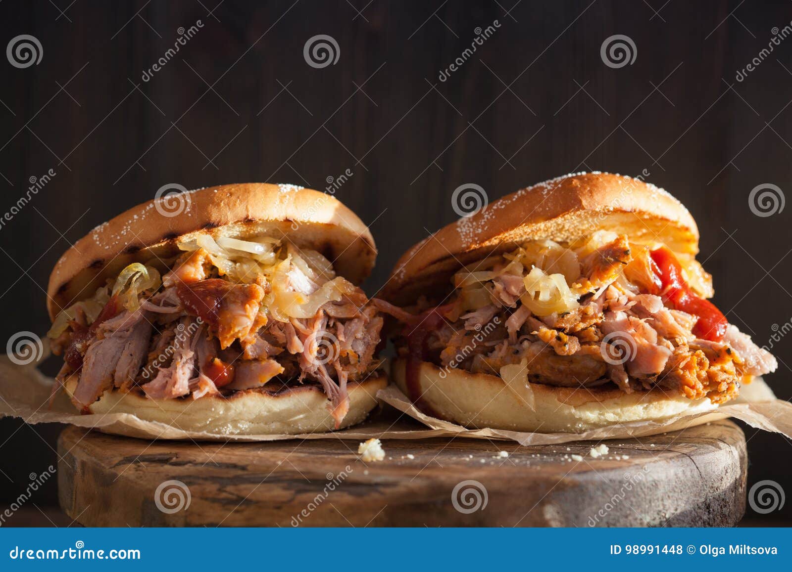 Homemade Pulled Pork Burger with Caramelized Onion and Bbq Sauce Stock