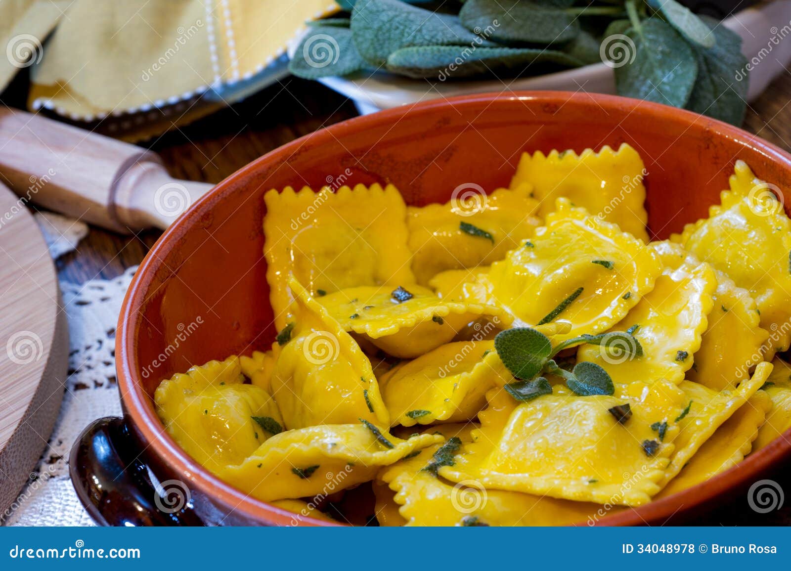 Homemade Ravioli Pasta with Sage Butter Sauce , Italian Food Stock