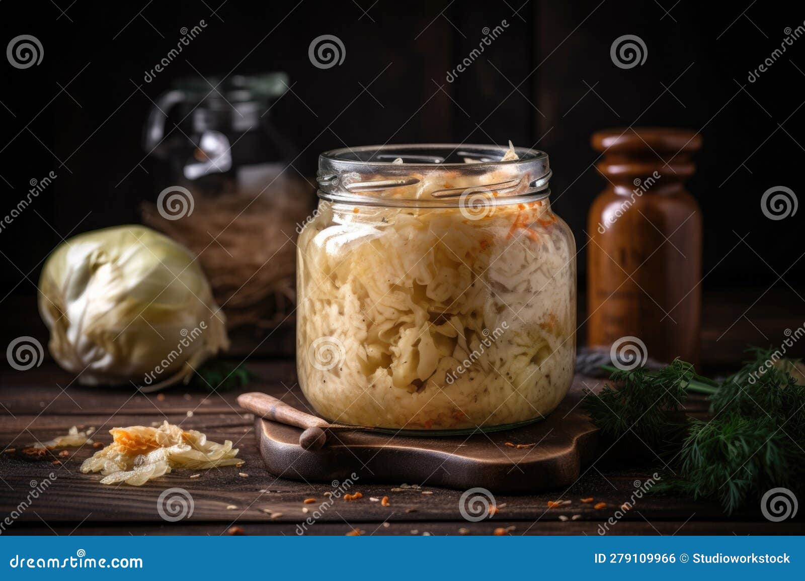 Homemade Sauerkraut, with Cabbage and Spices Visible Stock Photo