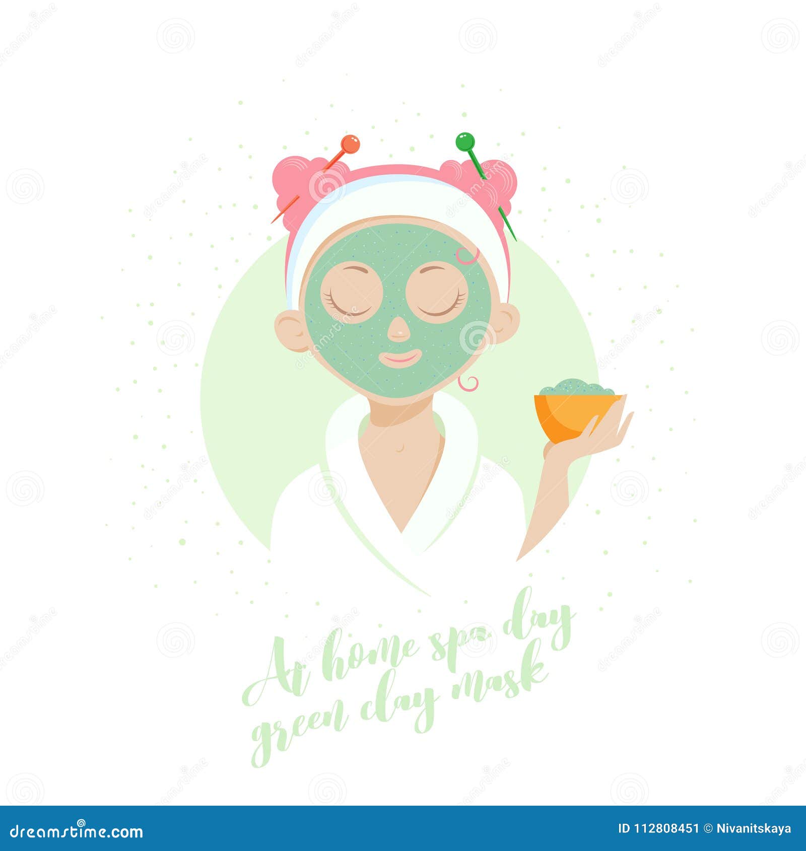 Homemade Spa Illustration. Girl in Green Clay Mask. Beauty, Relax, Rest ...