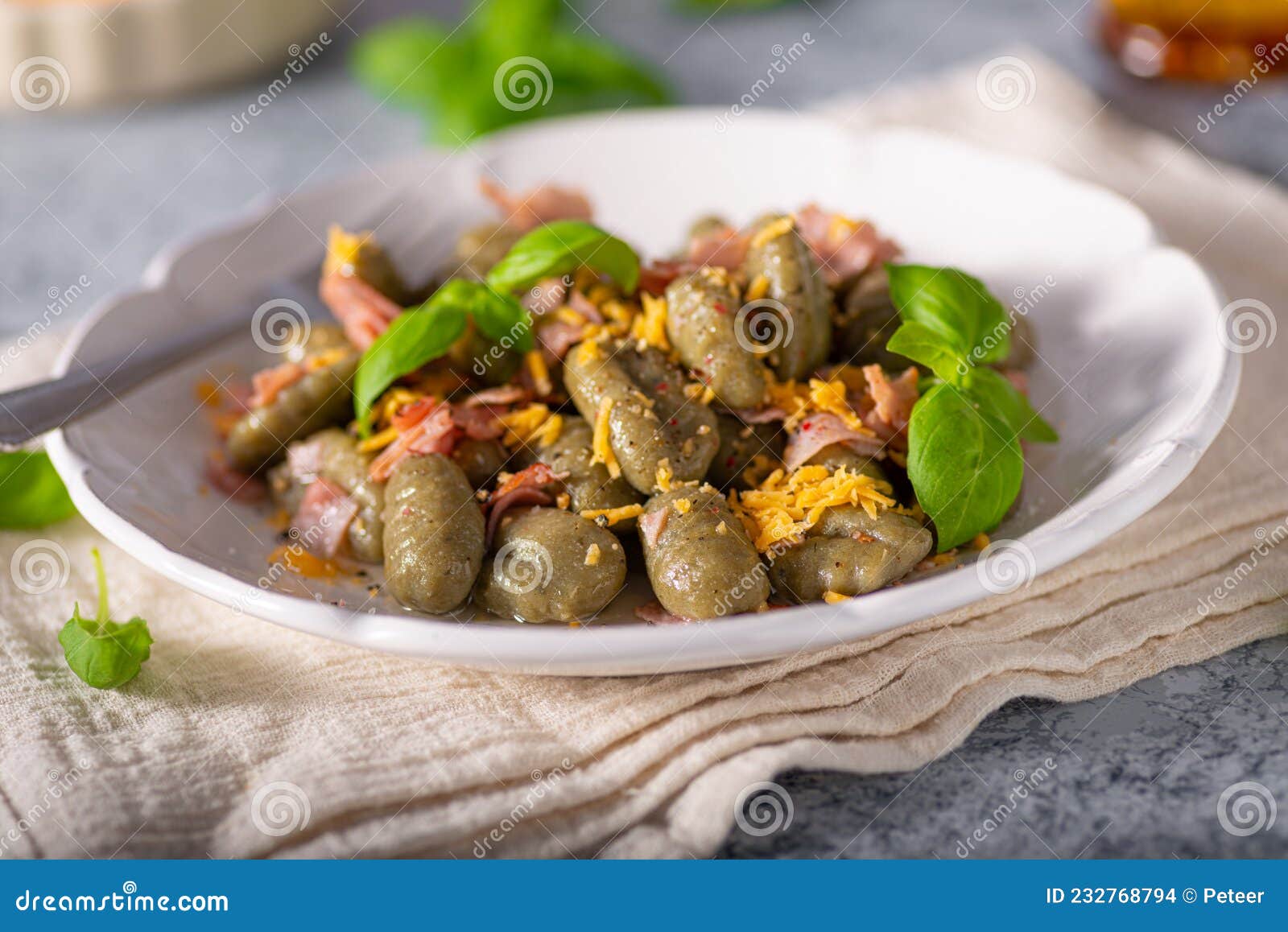 Spinach gnocchi with ham stock photo. Image of food 232768794