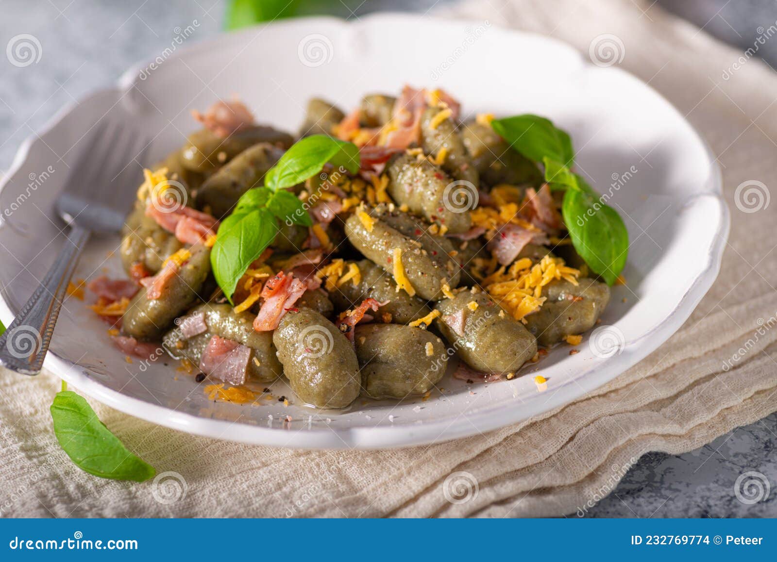Spinach gnocchi with ham stock photo. Image of organic 232769774