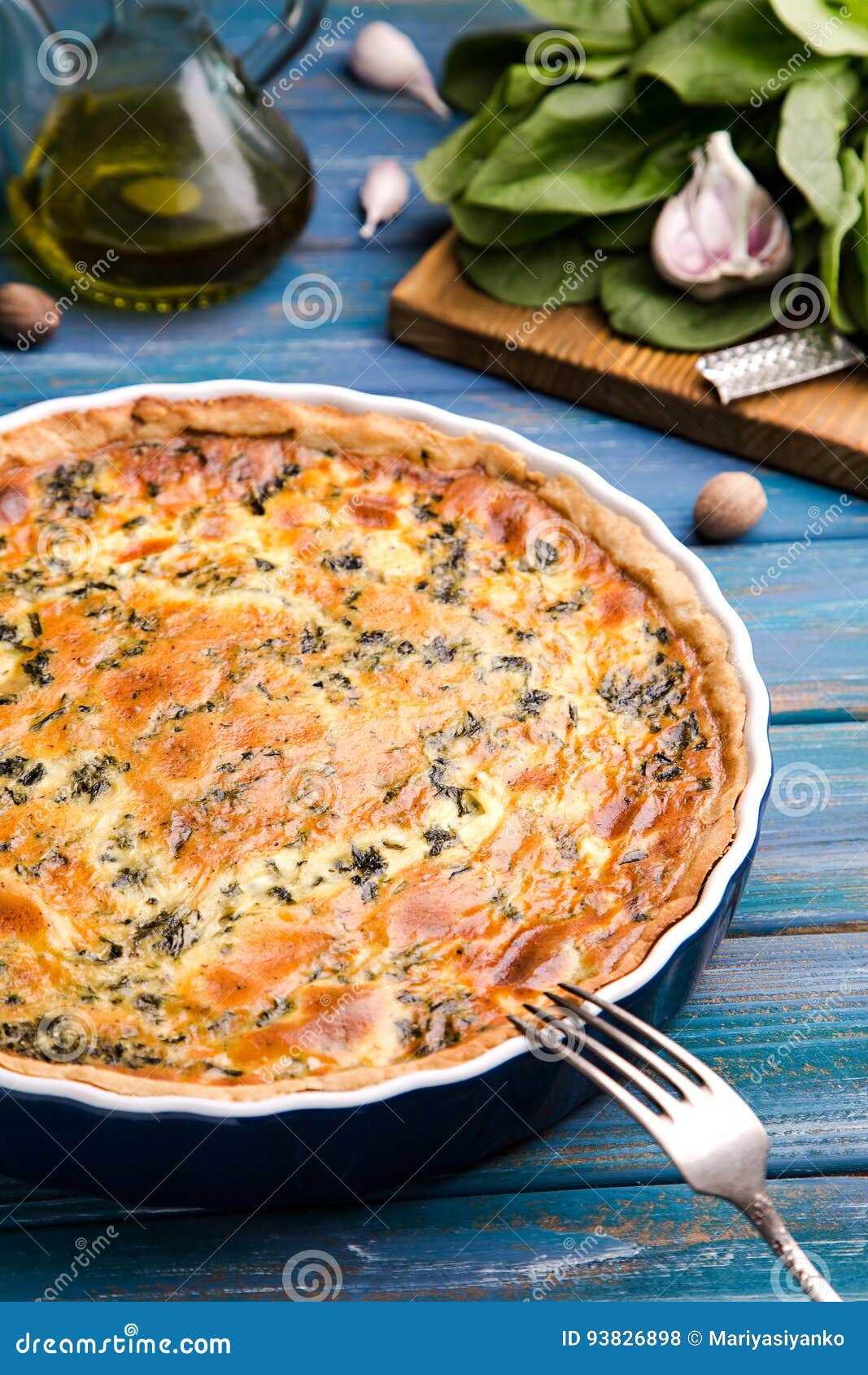 Homemade Spinach Quiche Lorraine on Wooden Board Stock Photo - Image of ...