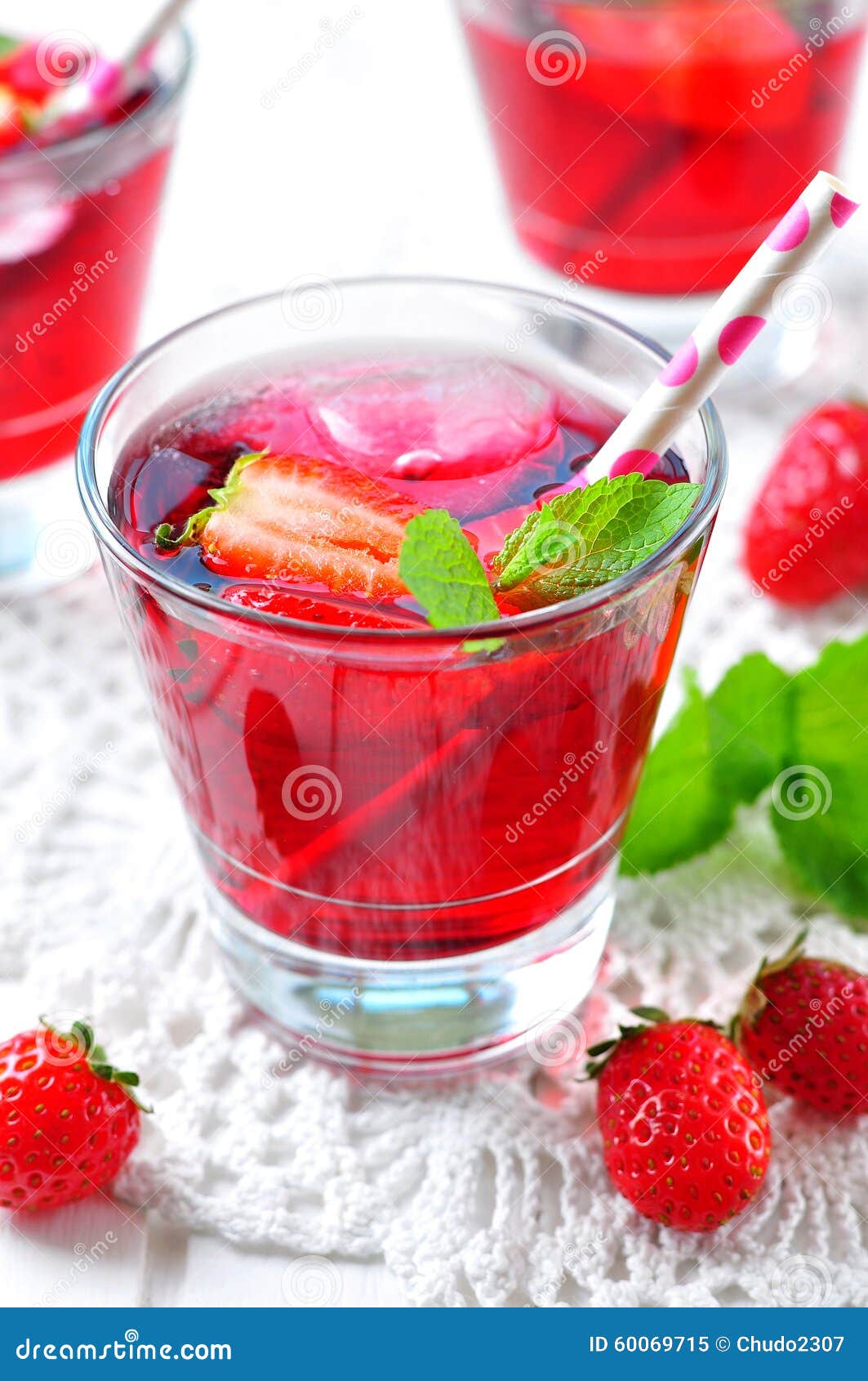 Homemade Strawberry Compote with Fresh Berries, Mint and Ice Cubes