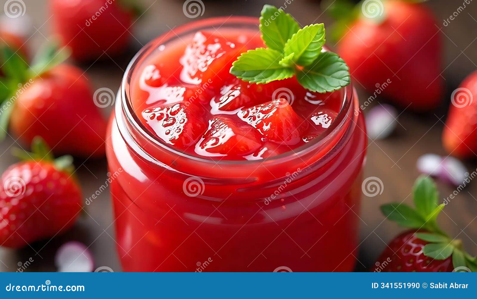 homemade strawberry jam in jar with fresh mint,