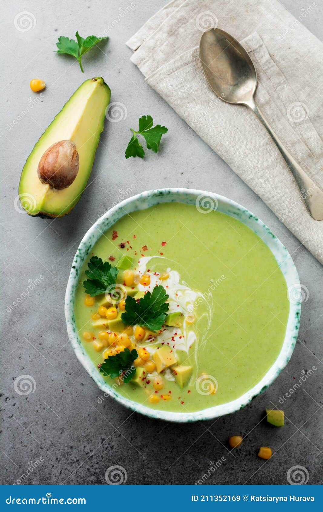 Homemade Tender Soup Puree from Avocado and Corn with Cream in Rustic ...