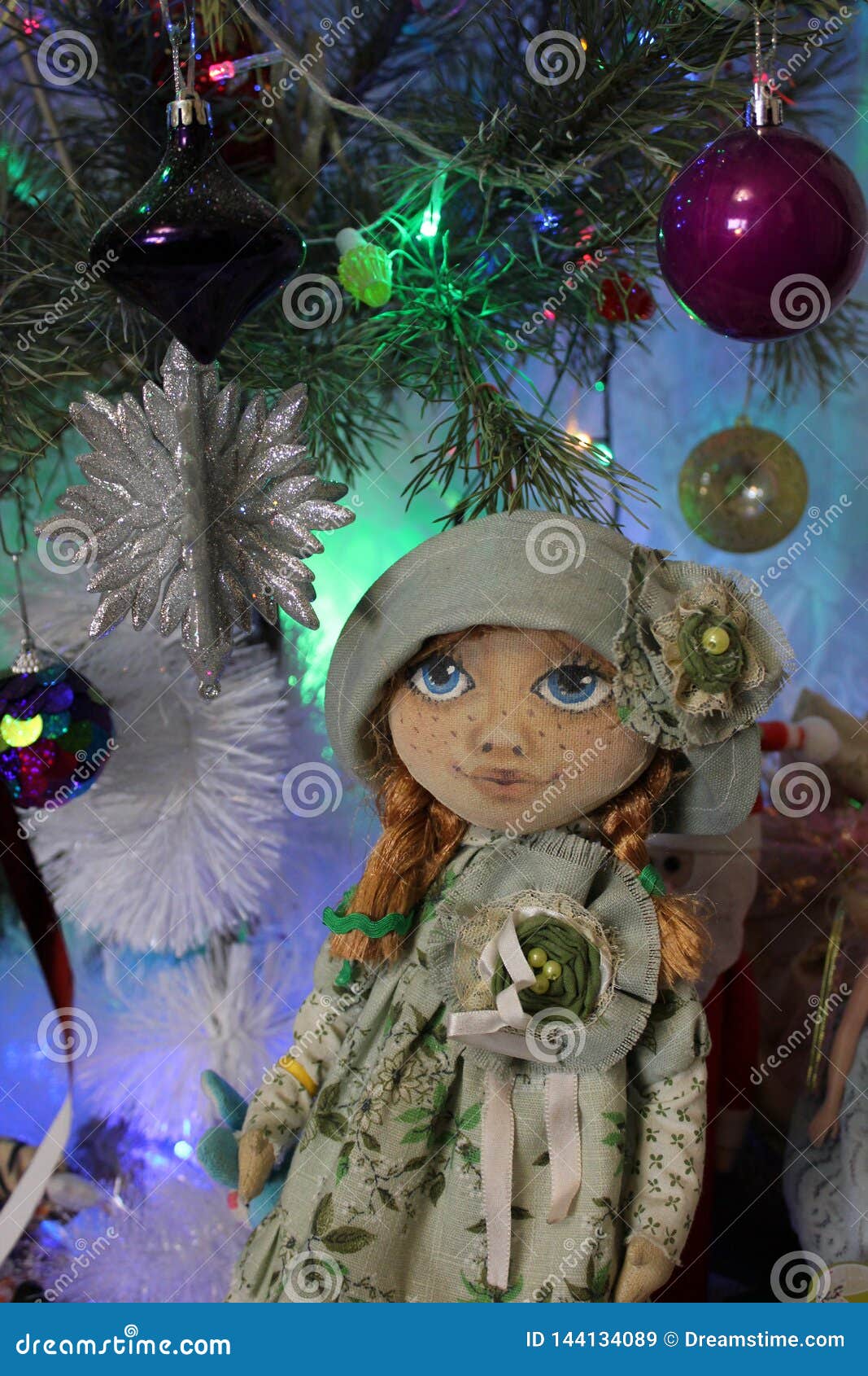 homemade, textile, interior, doll in hat. green. new year, magic