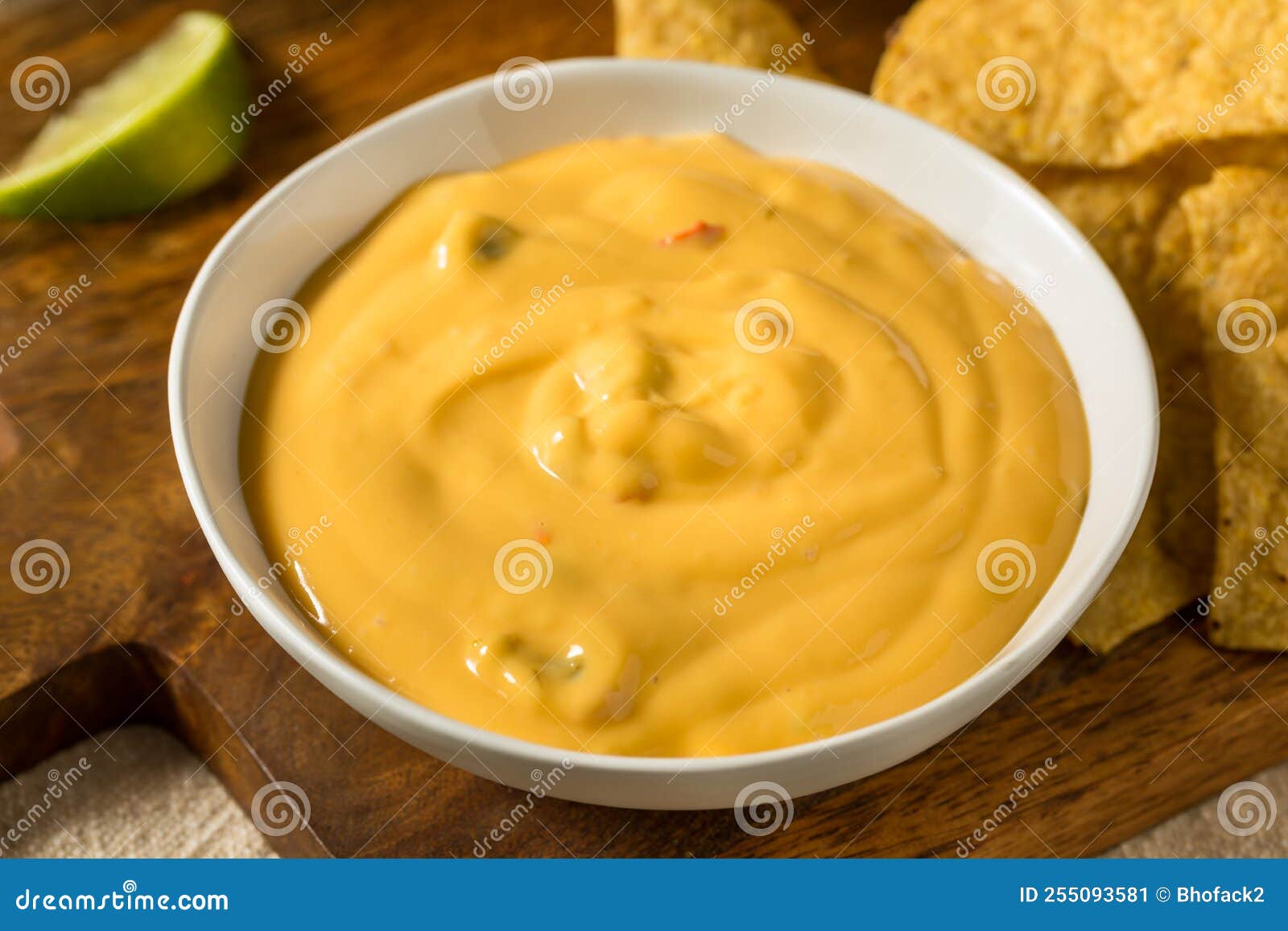 Homemade Yellow Queso Cheese Dip with Tortilla Chips Stock Image