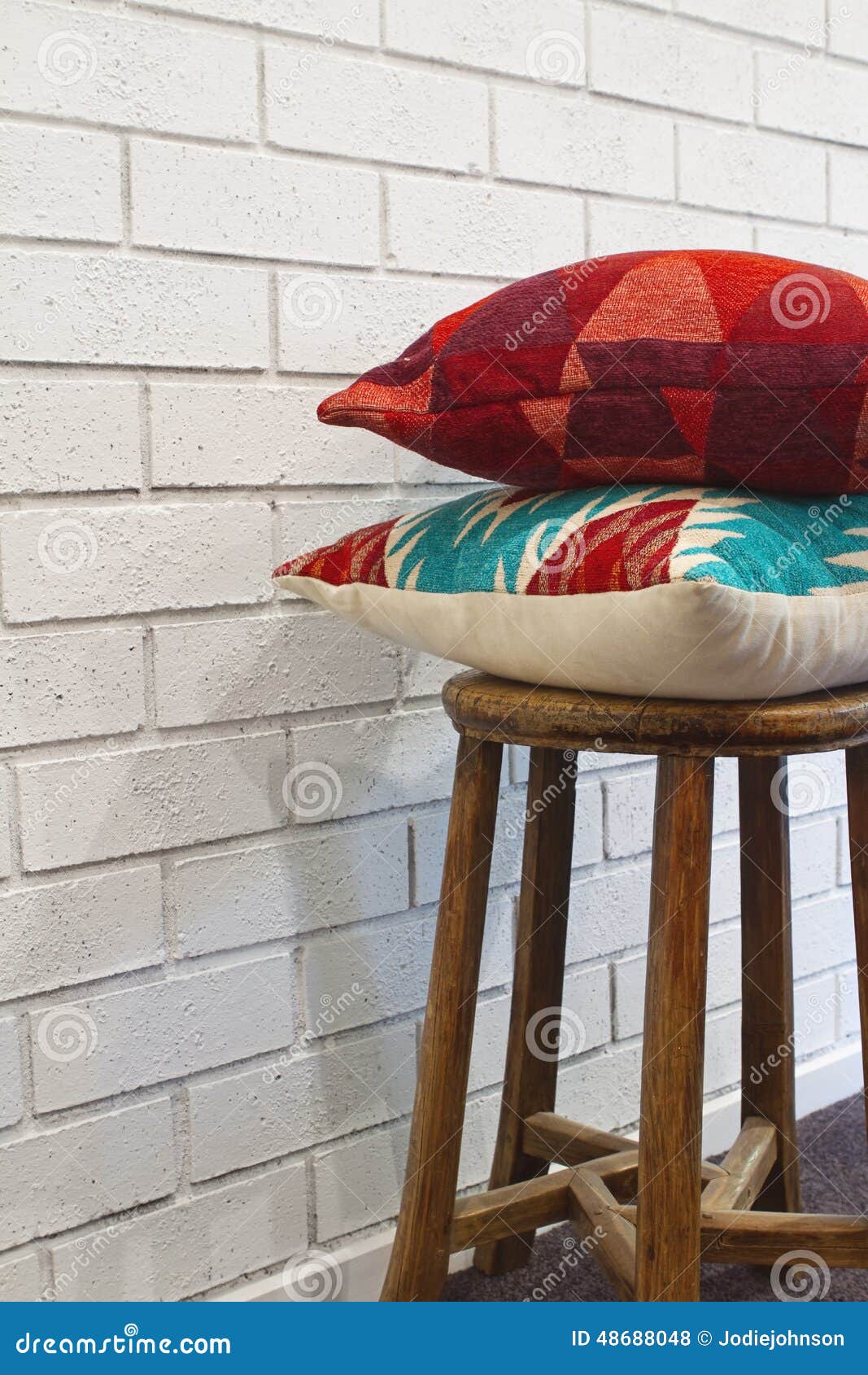 Homewares Decorator Cushions on a Wooden Stool Stock Photo Image of