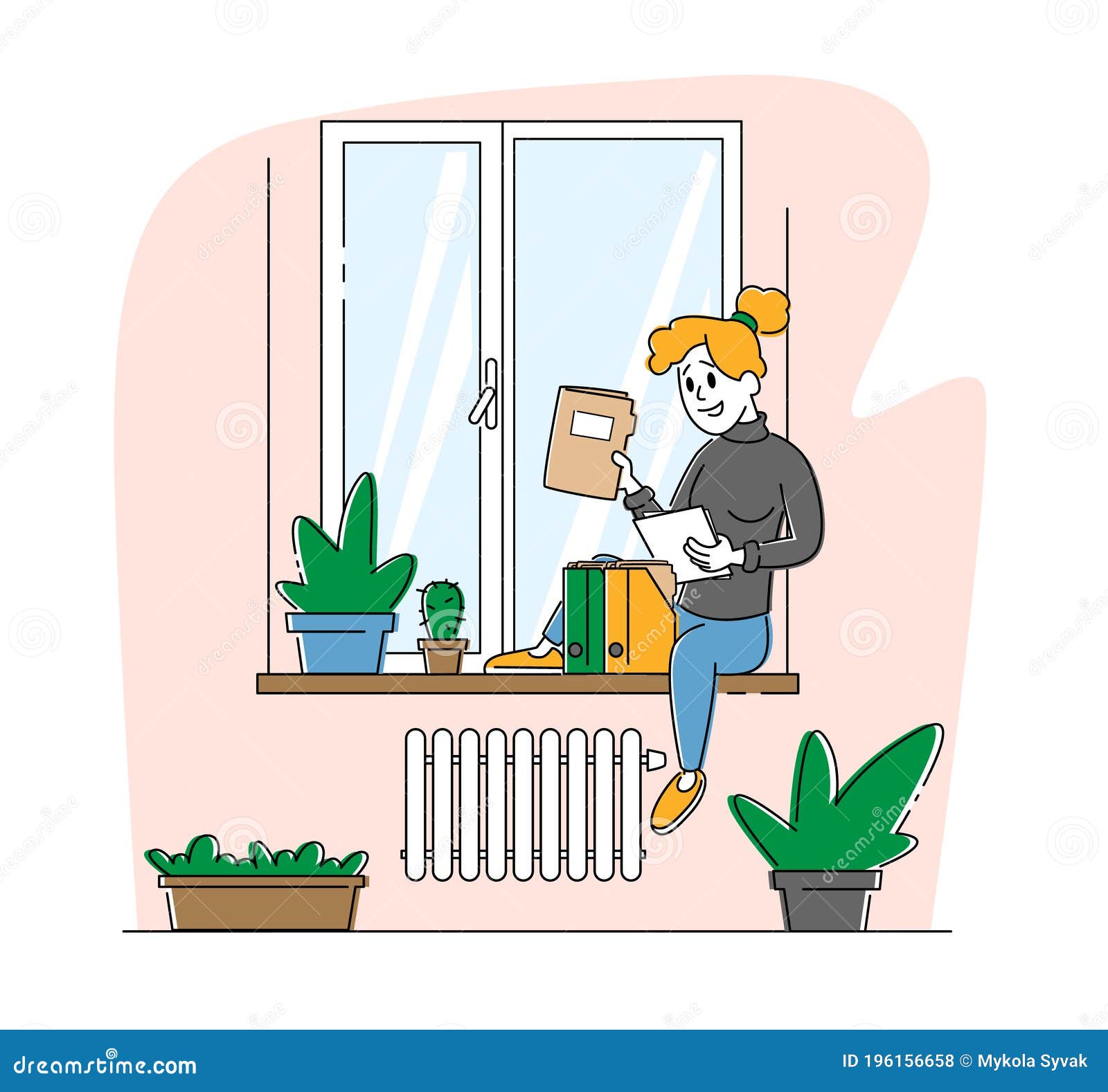 homeworking place, working activity. freelancer woman character sitting on windowsill work with papers docs at home